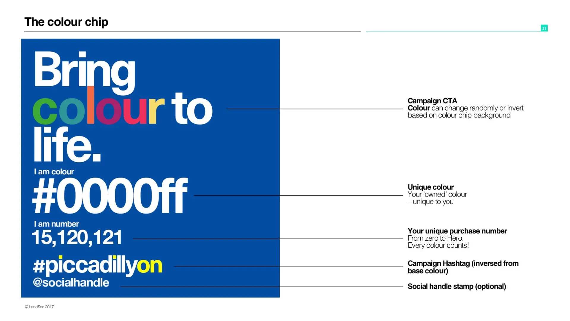 'Bring colour to life' campaign layout with a colour code and purchase number