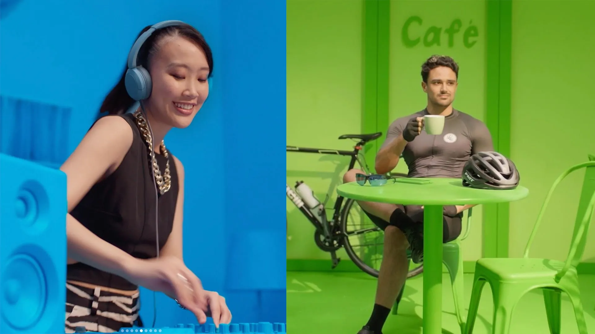 Two characters from the campaign on colourful sets