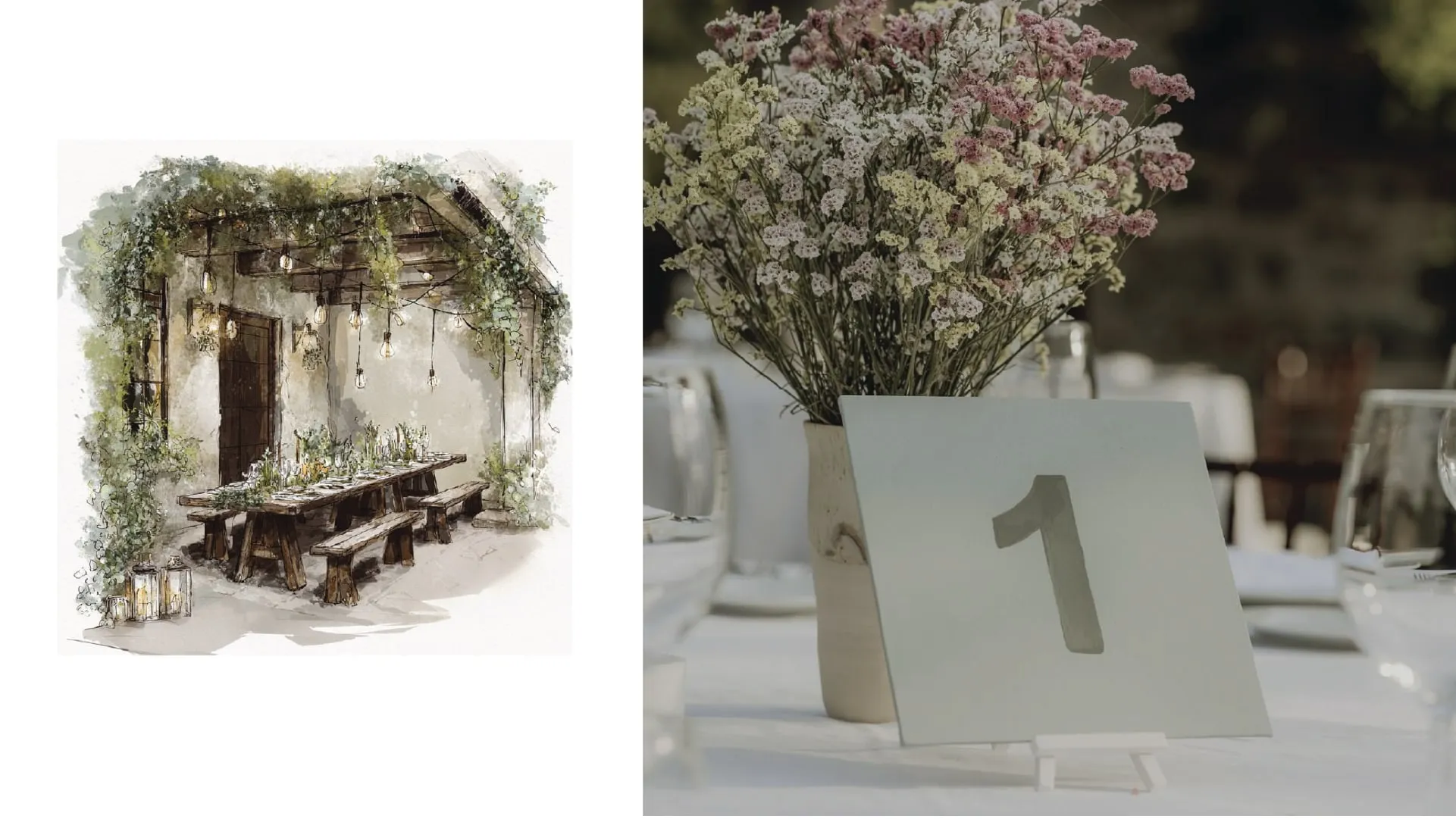 A watercolour of the courtyard tables beside a dried-flower table number