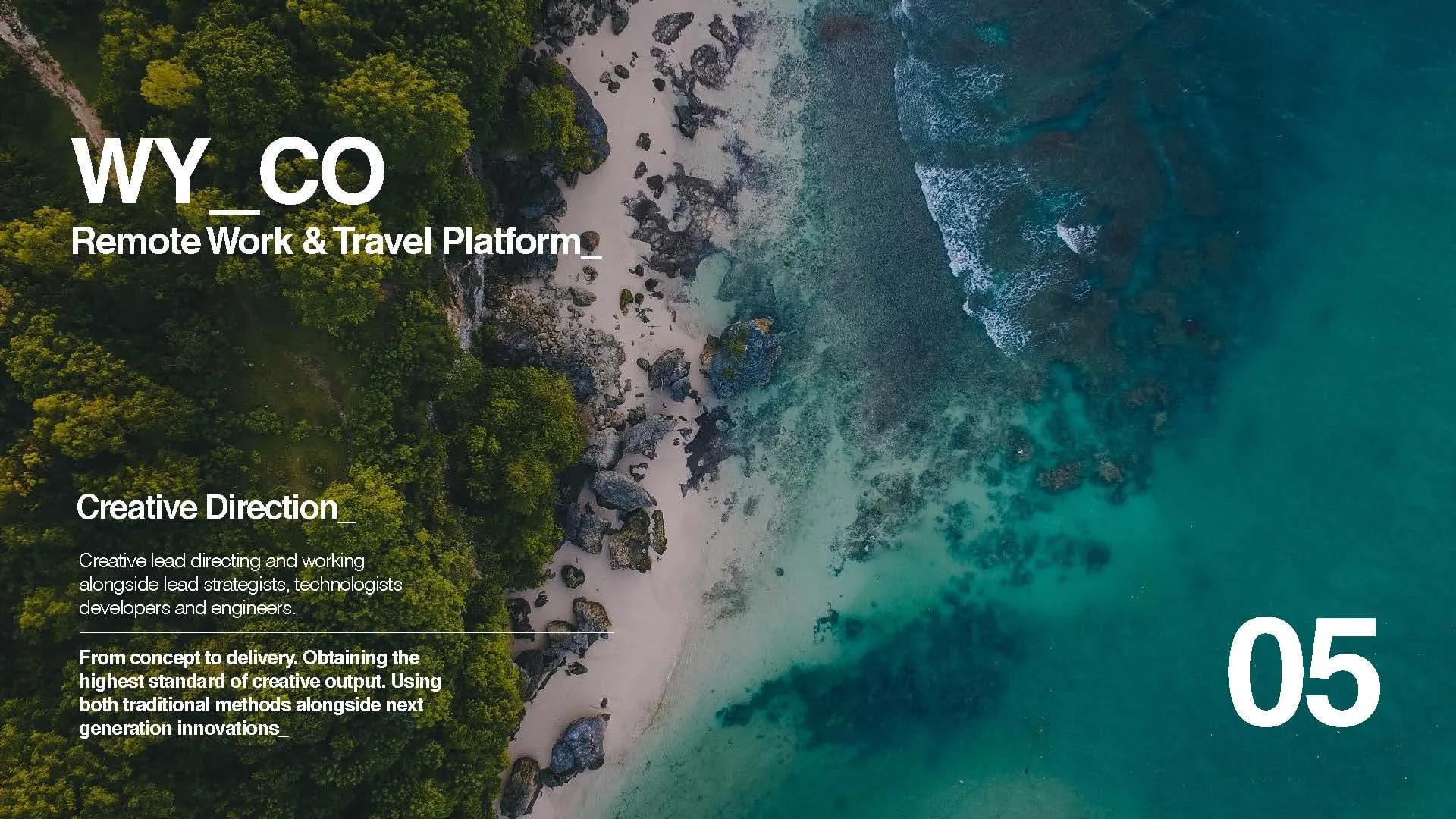 WYCO, Remote Work & Travel Platform, over an aerial view of a turquoise coastline