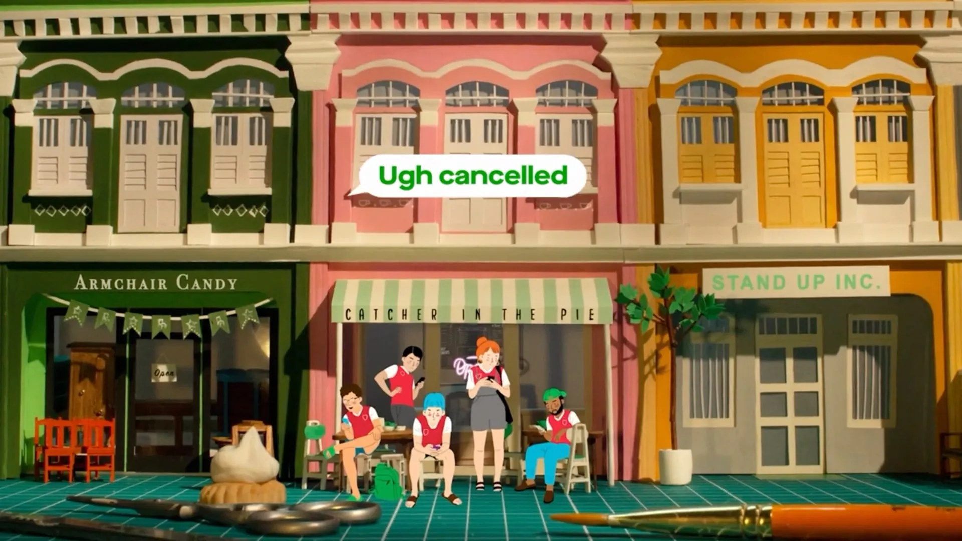 Animated characters on a shopfront bench, with a 'Ugh cancelled' message