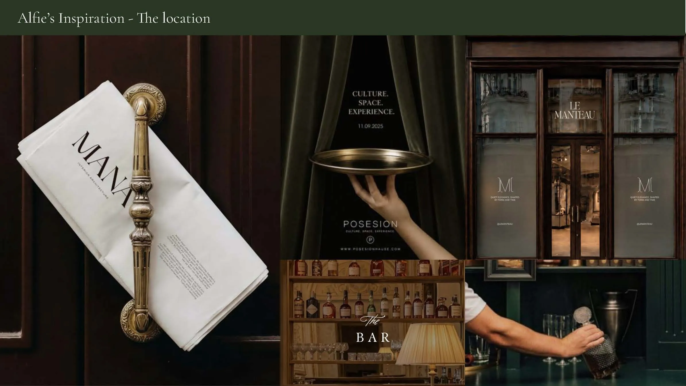 Moodboard of the Alfie's location: menus, brass details and a bar