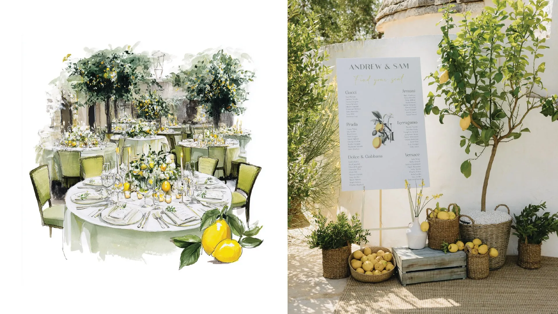 A watercolour of the lemon-themed tables beside the lemon-tree seating plan