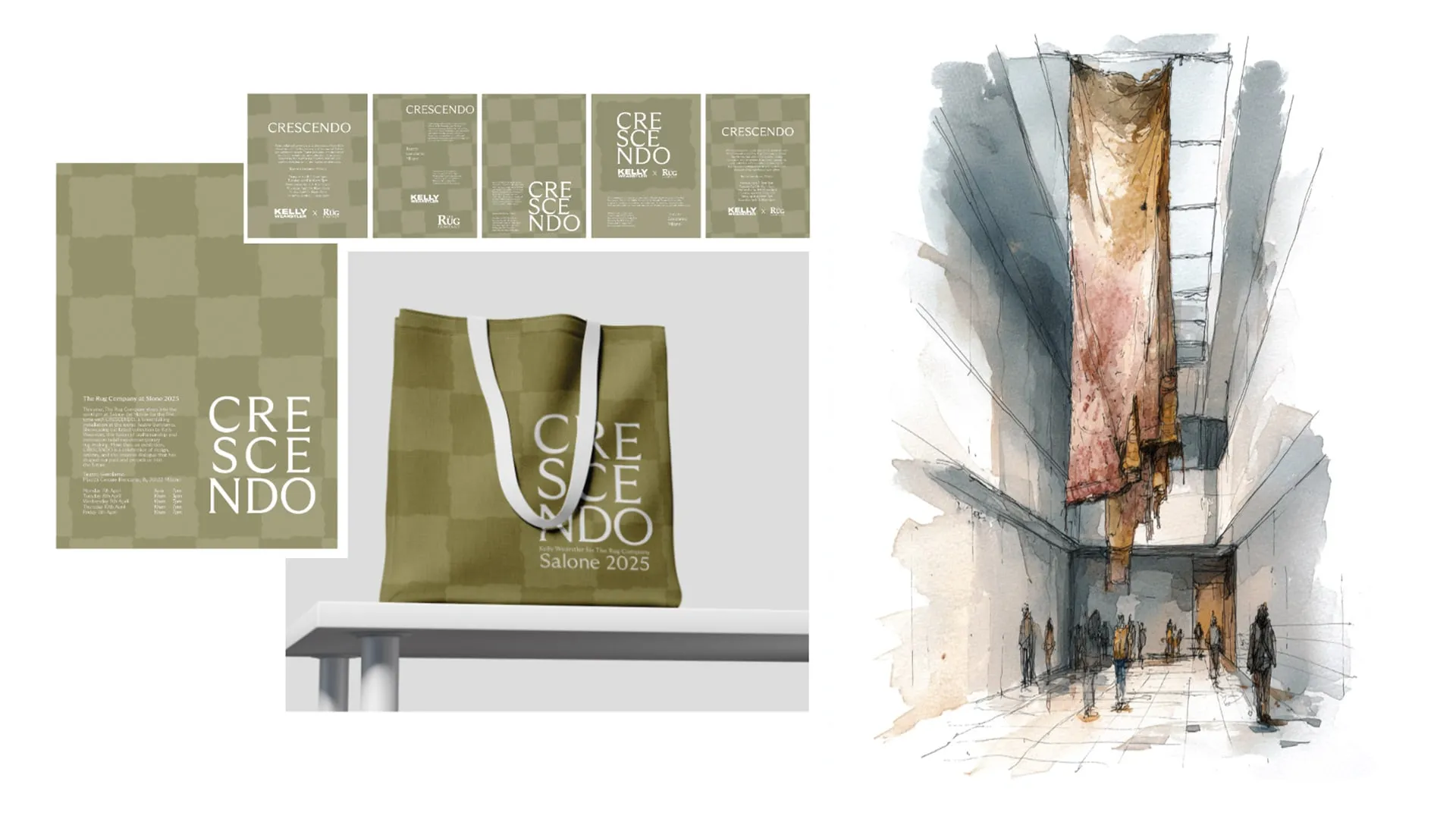 Crescendo exhibition print collateral and tote bag, beside a watercolour sketch of the installation