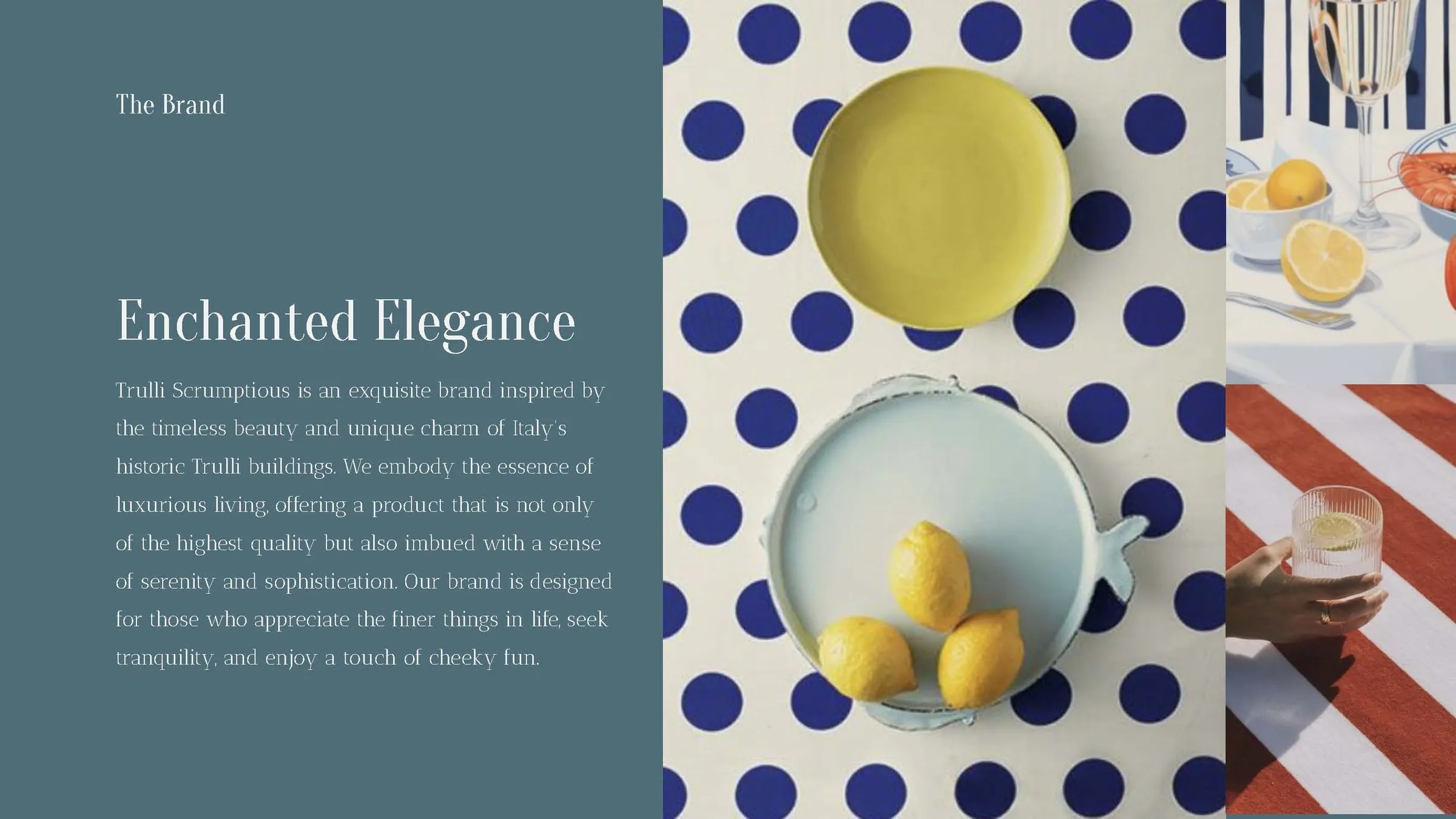 'Enchanted Elegance' brand introduction with lemons on a polka-dot cloth