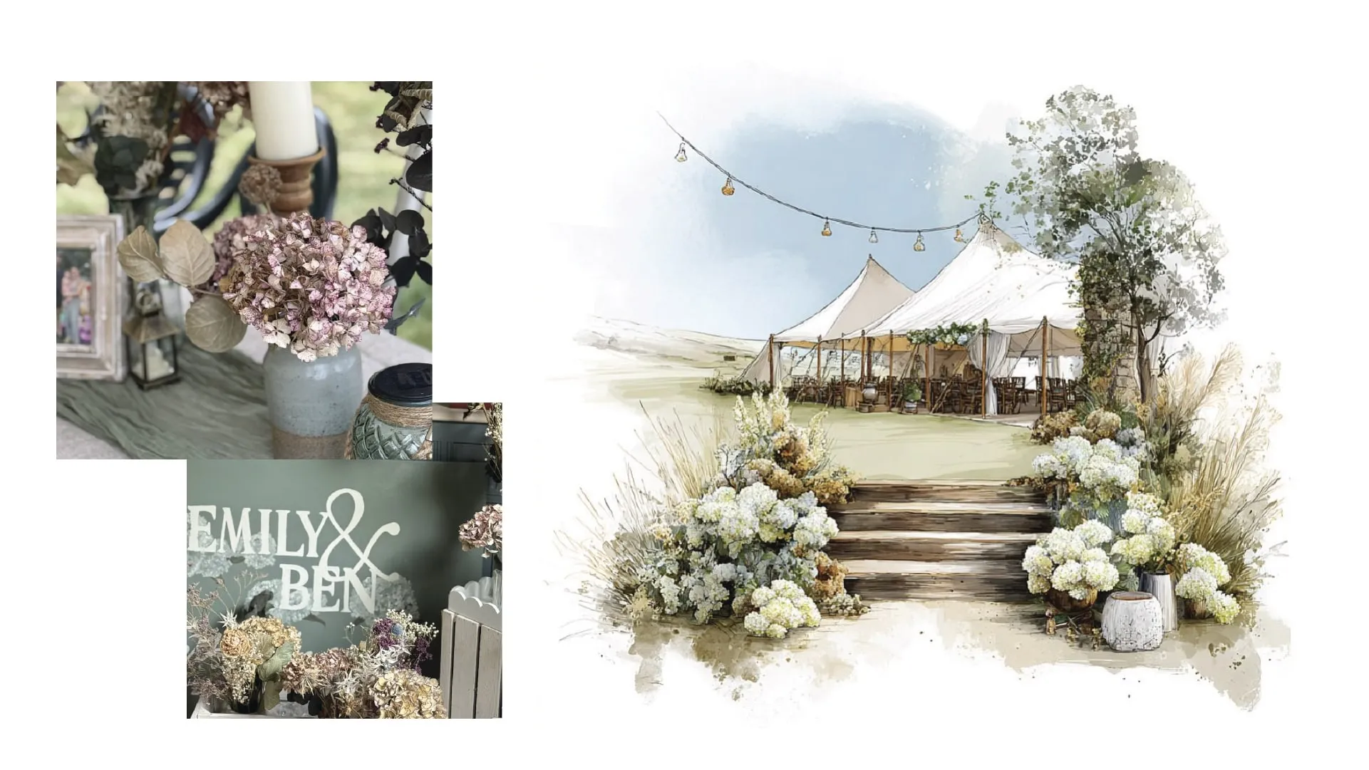 Dried hydrangeas and a hand-painted welcome sign beside a watercolour of the marquee steps