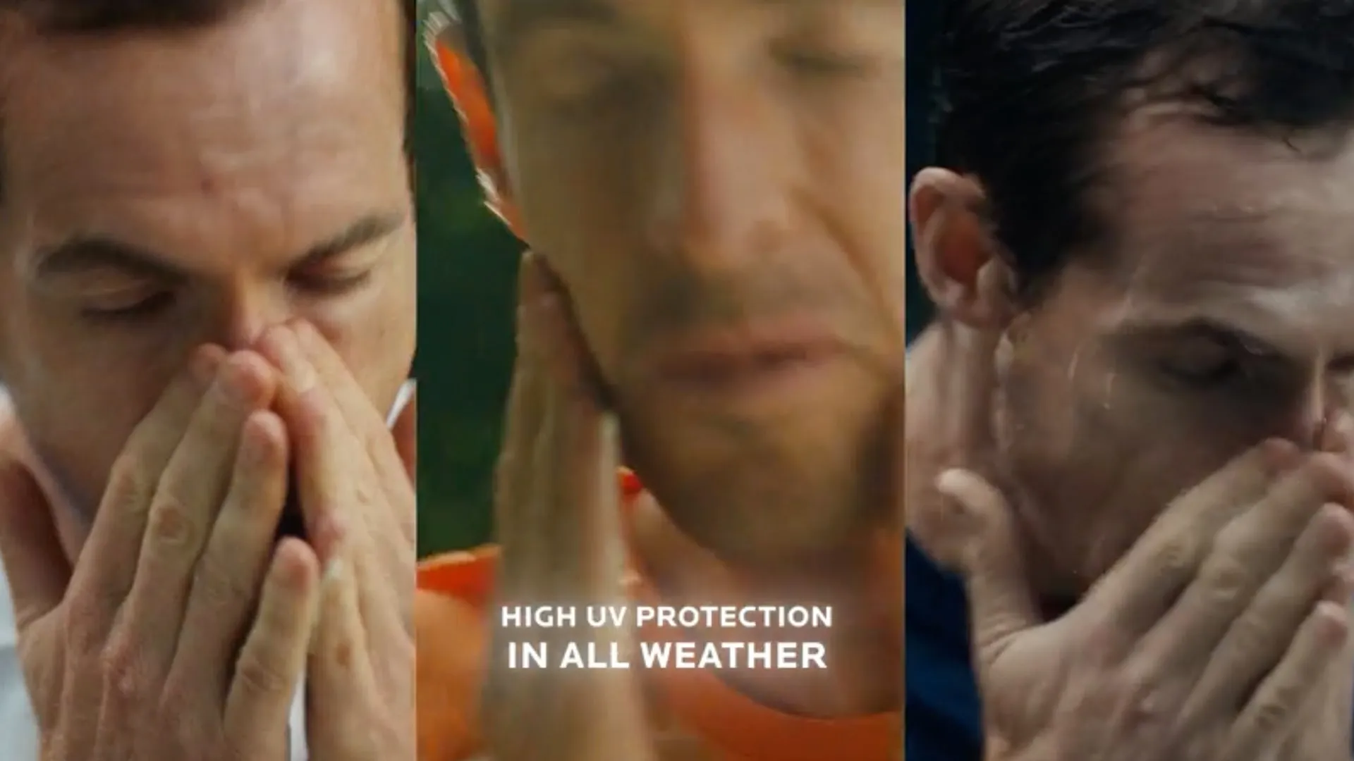 Andy Murray in three close-up frames applying sunscreen