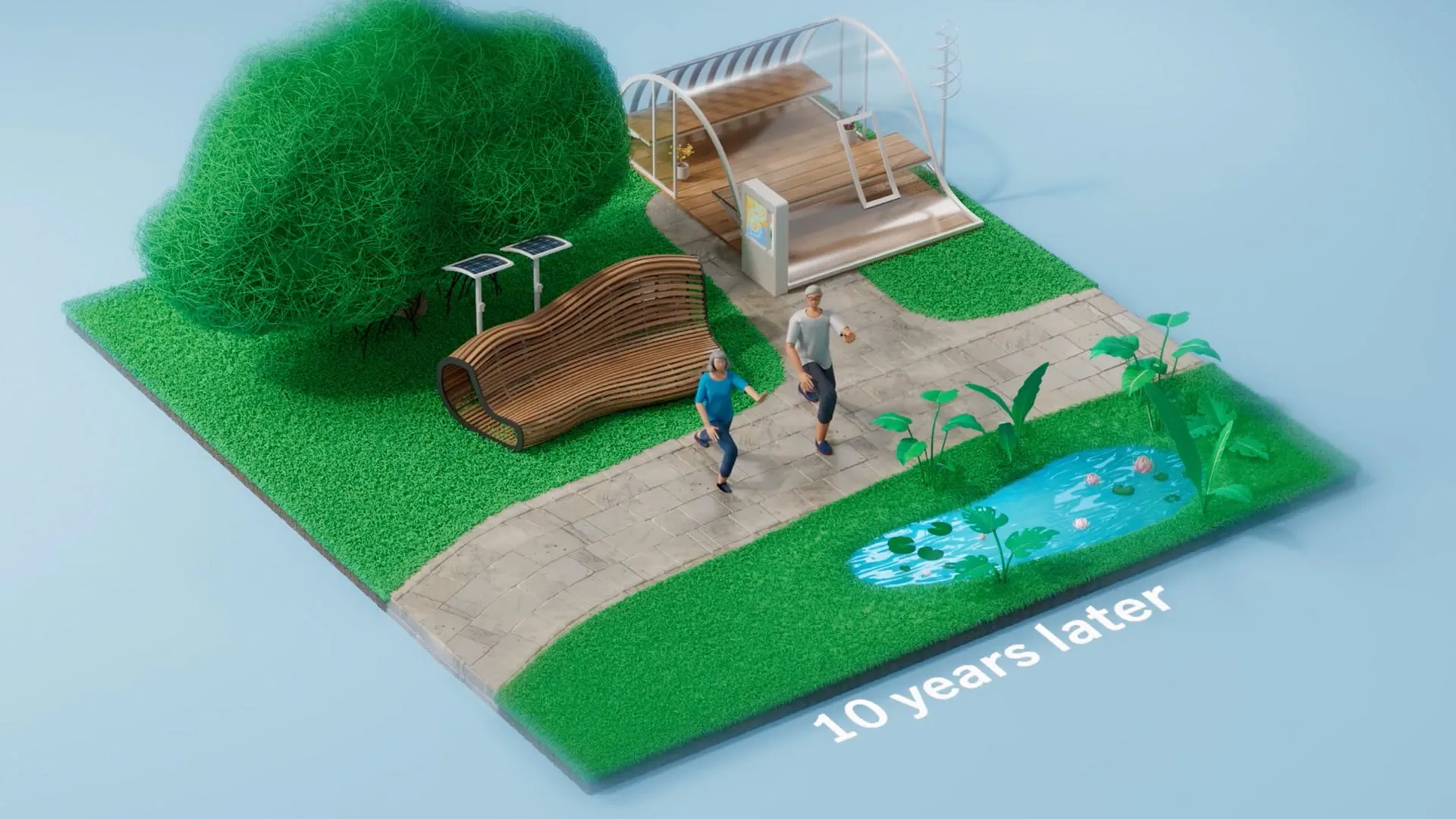The same park ten years later, with a greenhouse and new characters