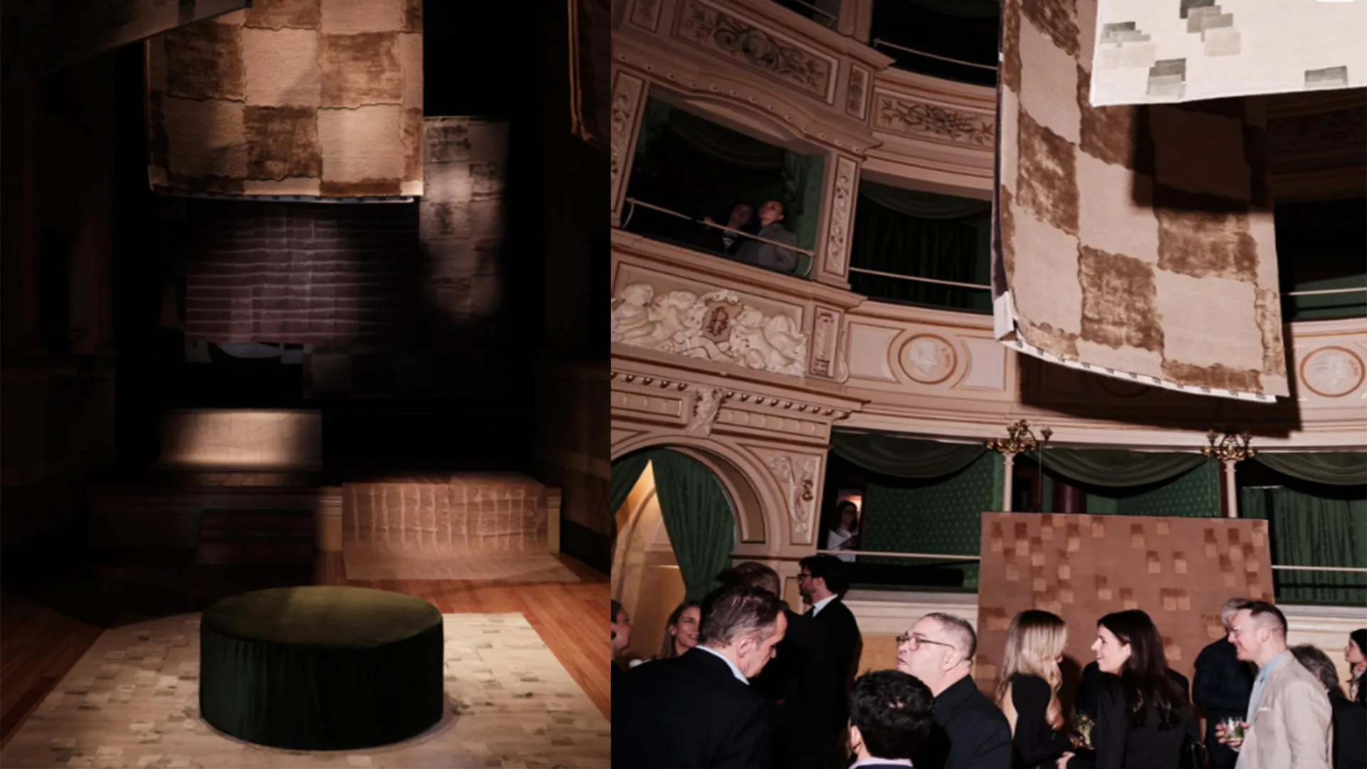 Rugs suspended above guests inside the historic Milanese theatre
