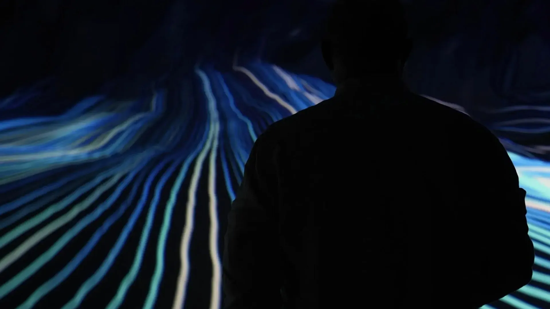 A silhouetted visitor in front of flowing blue lines of light