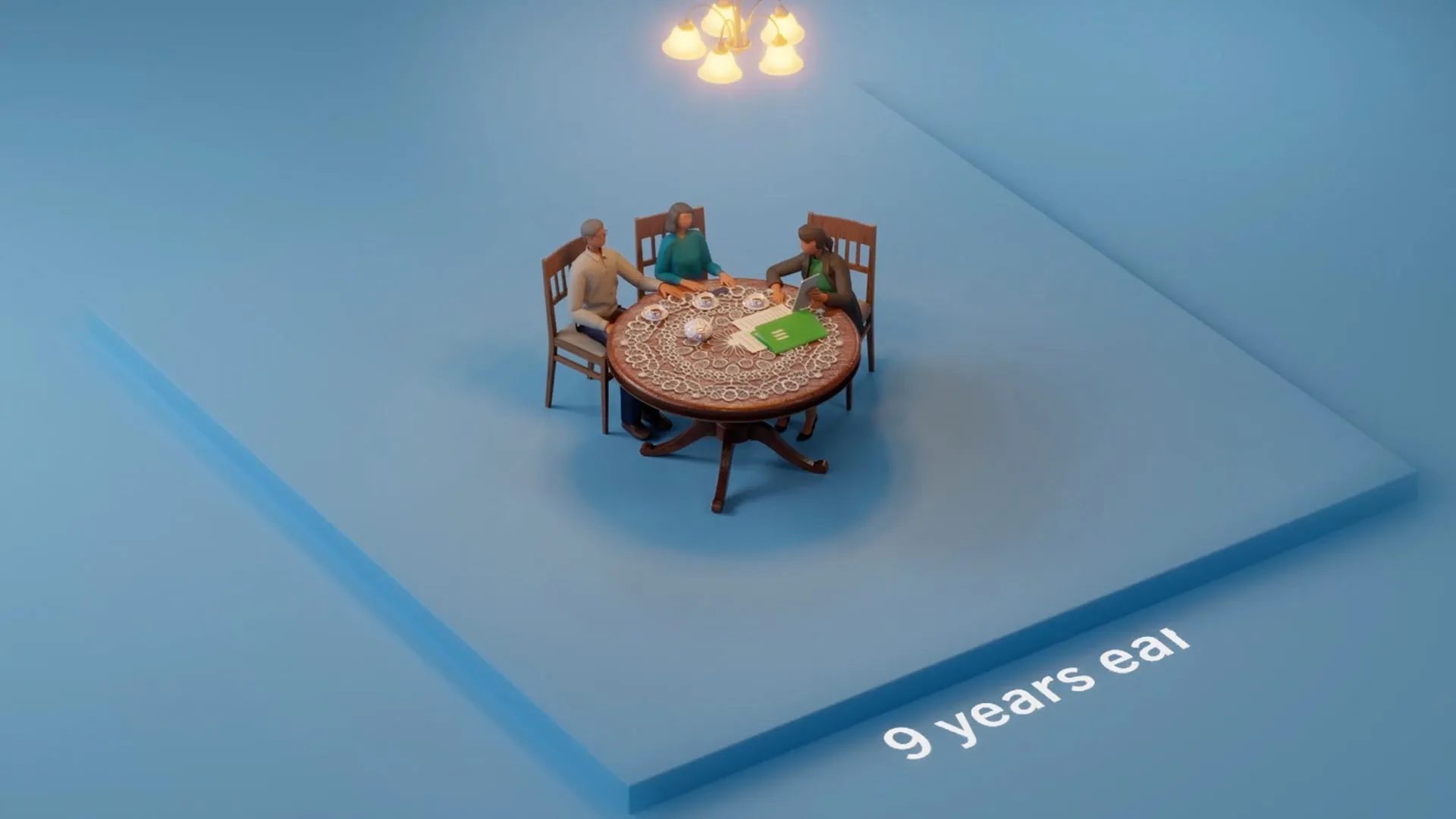 Animated characters around a dining table lit by a chandelier