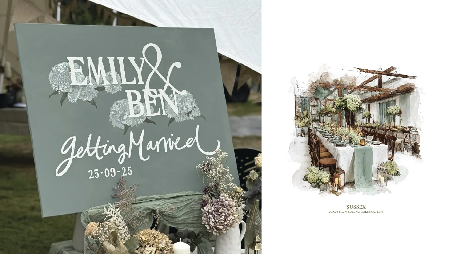 The hand-painted welcome sign beside a watercolour of the dining table