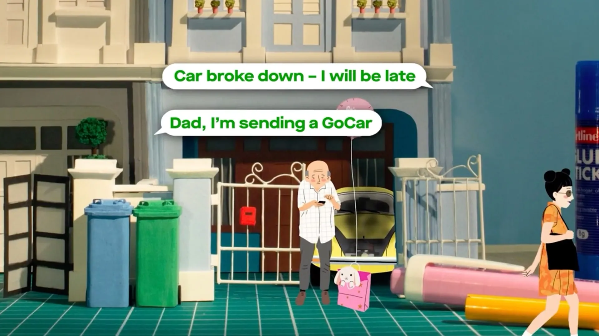 An animated street scene with chat bubbles about a broken-down car