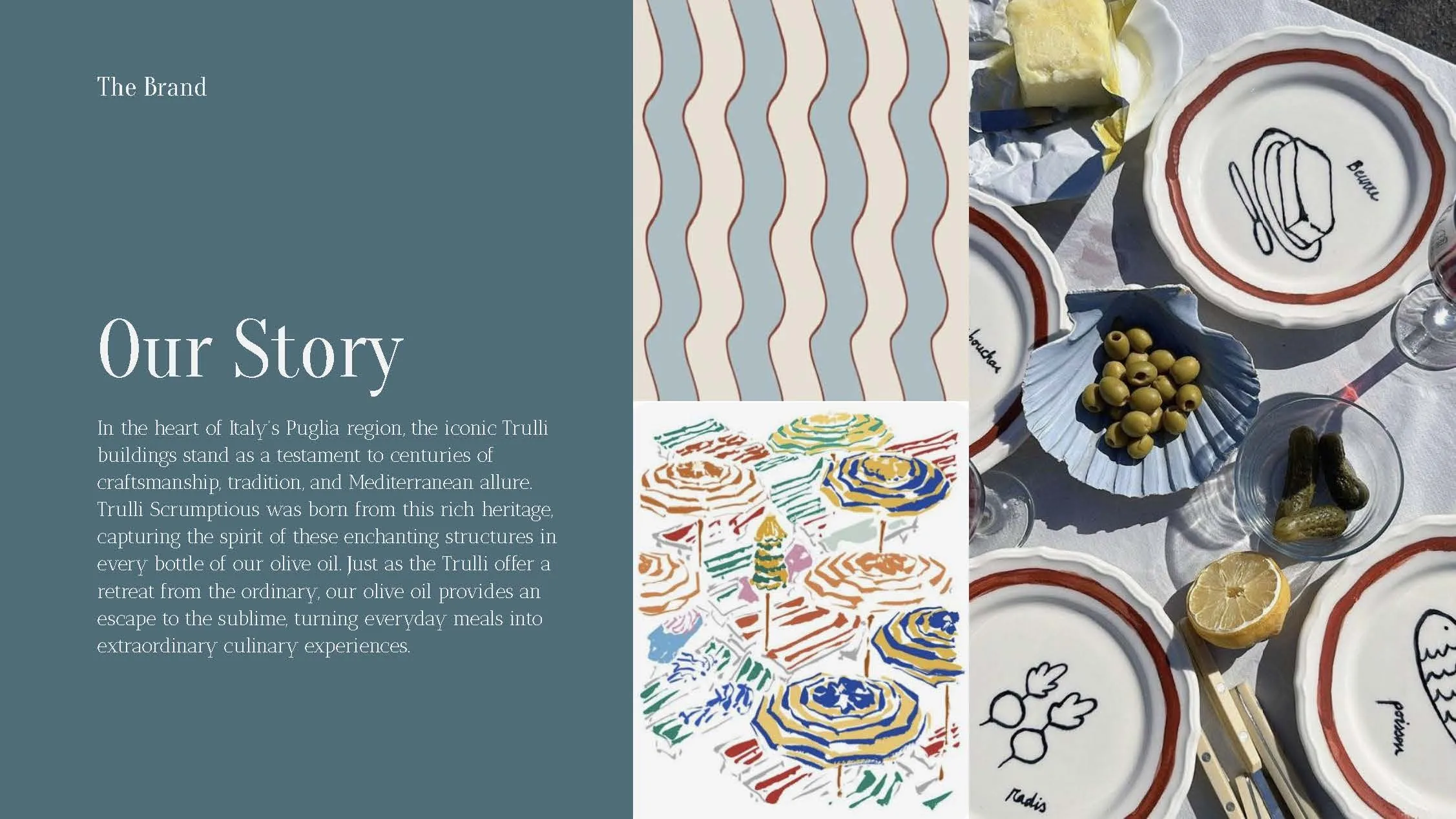 'Our Story' page with patterned plates and Italian tableware