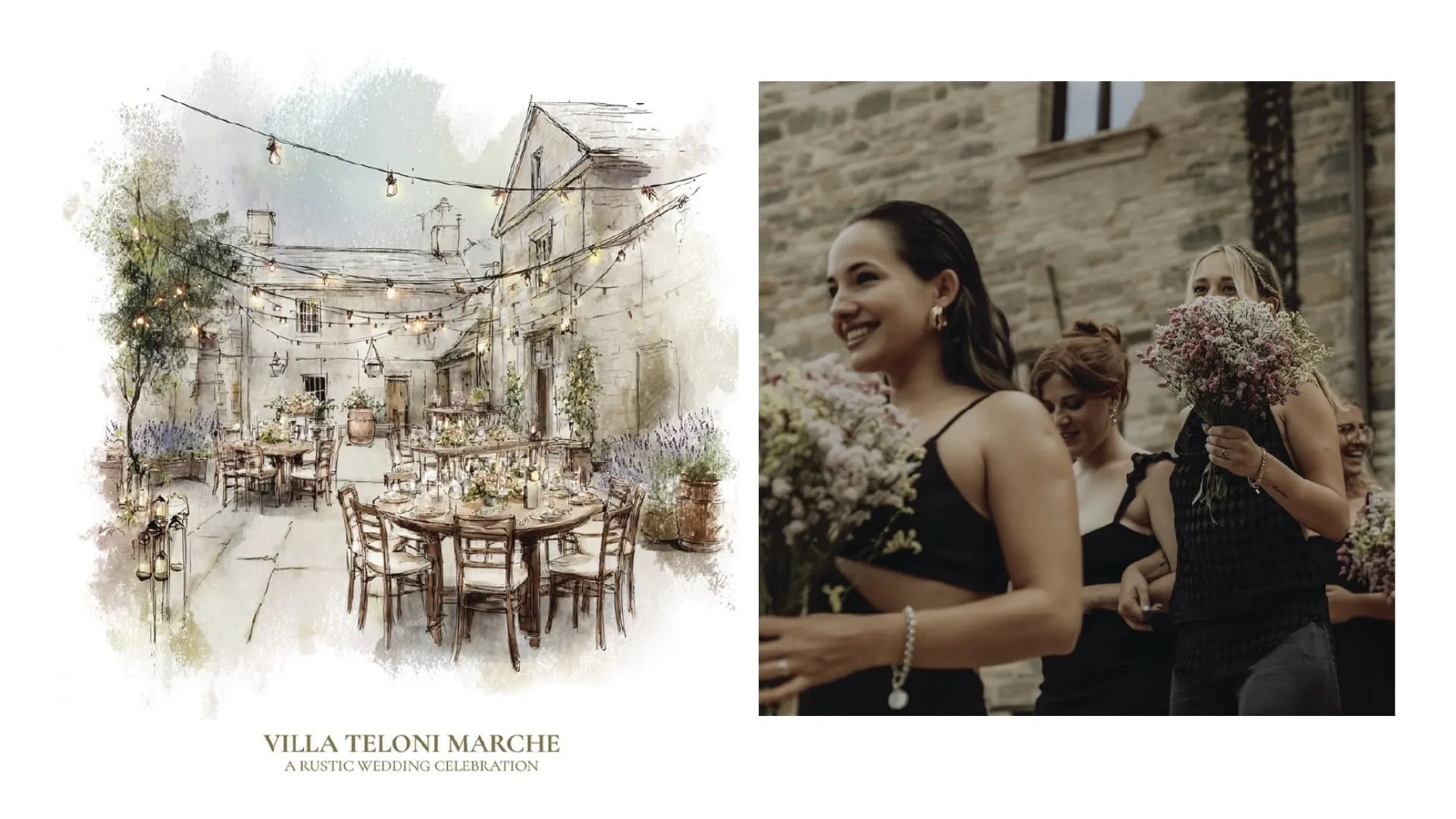 A watercolour of the villa courtyard beside guests holding dried bouquets