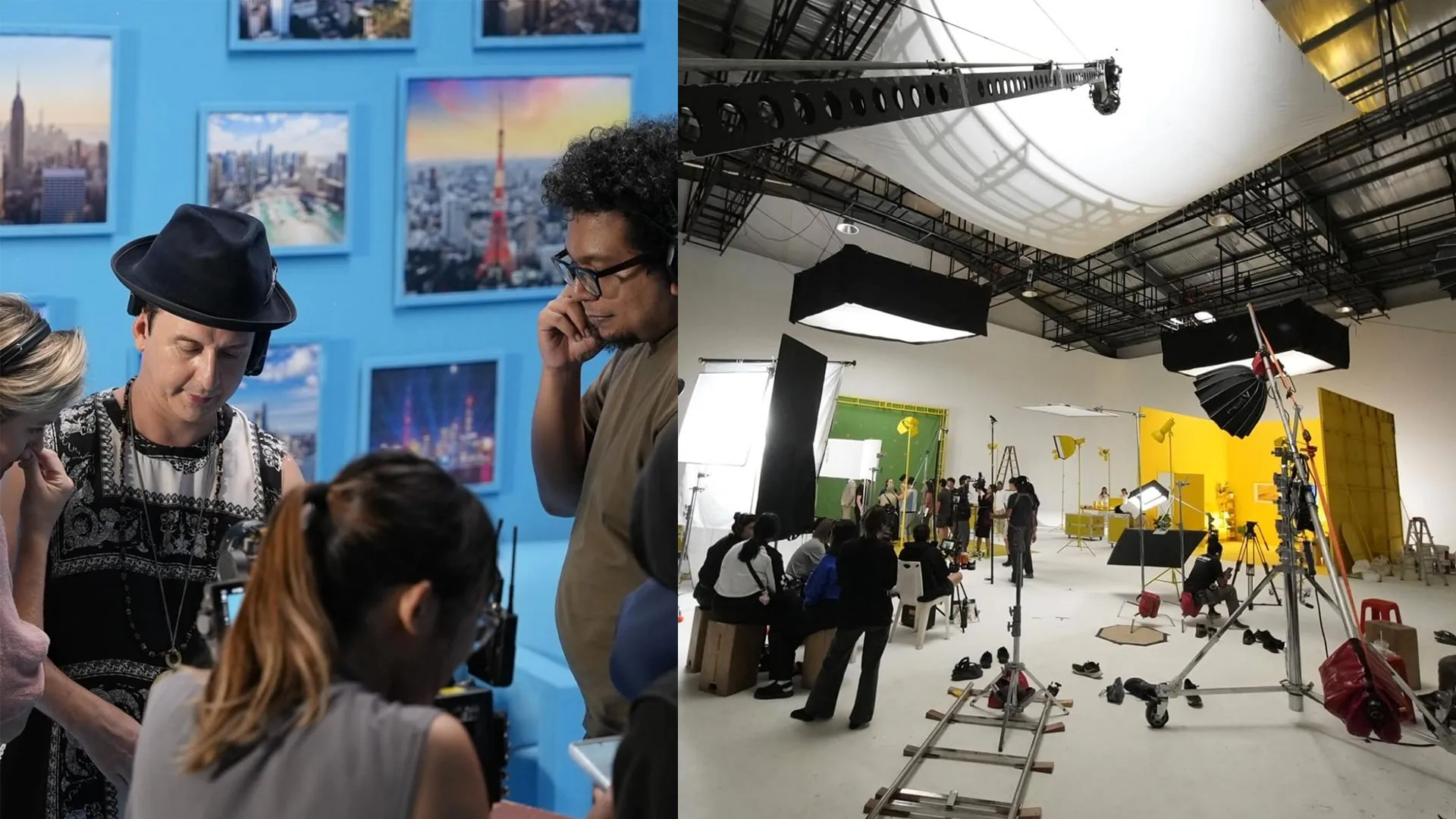 The crew reviewing shots on a studio set