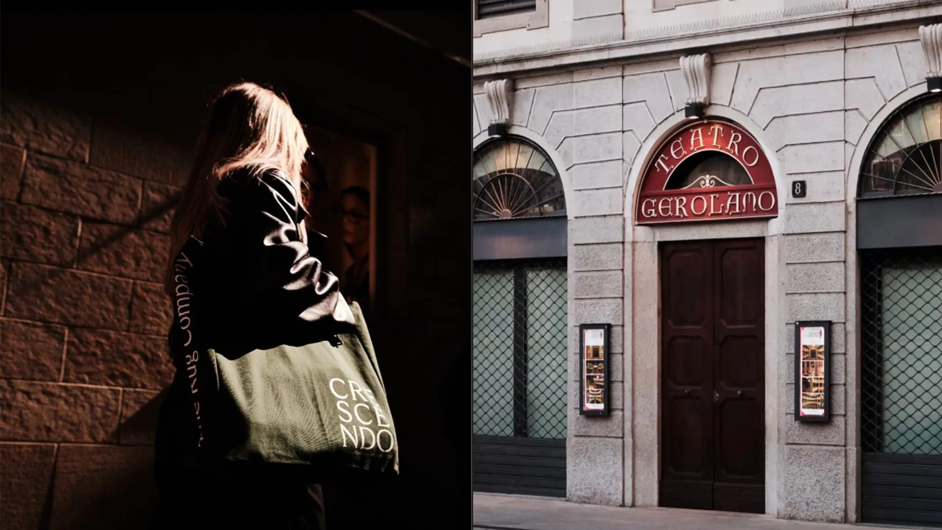 A visitor carrying a Crescendo tote bag outside the Teatro Gerolamo in Milan