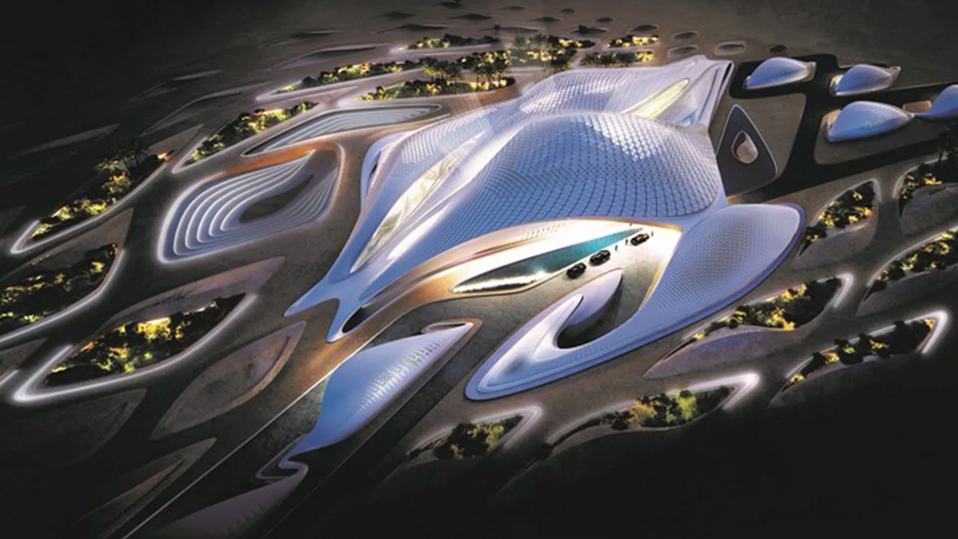 Architectural model of the Bee'ah headquarters lit at night