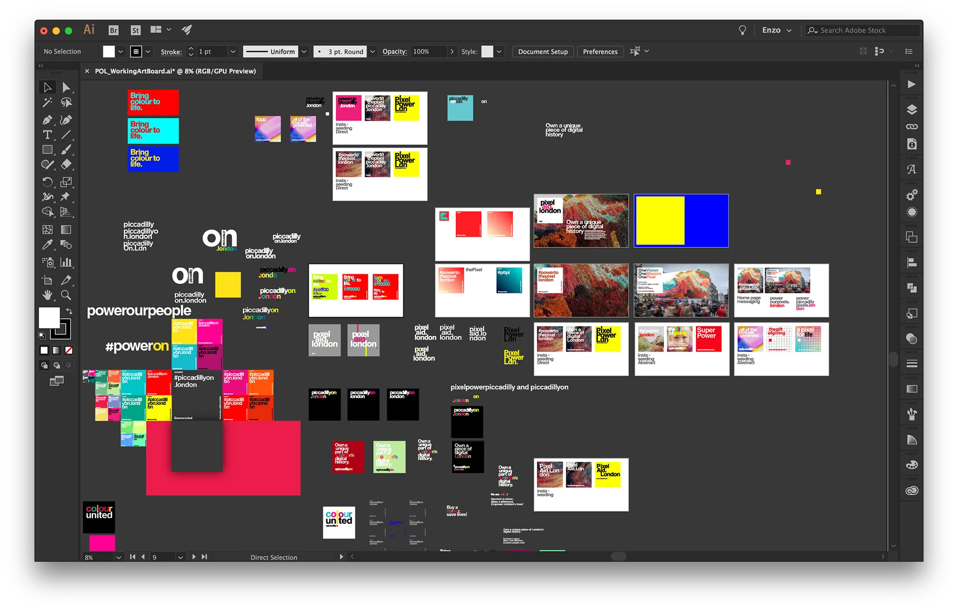 Design working files showing the campaign's colour chips