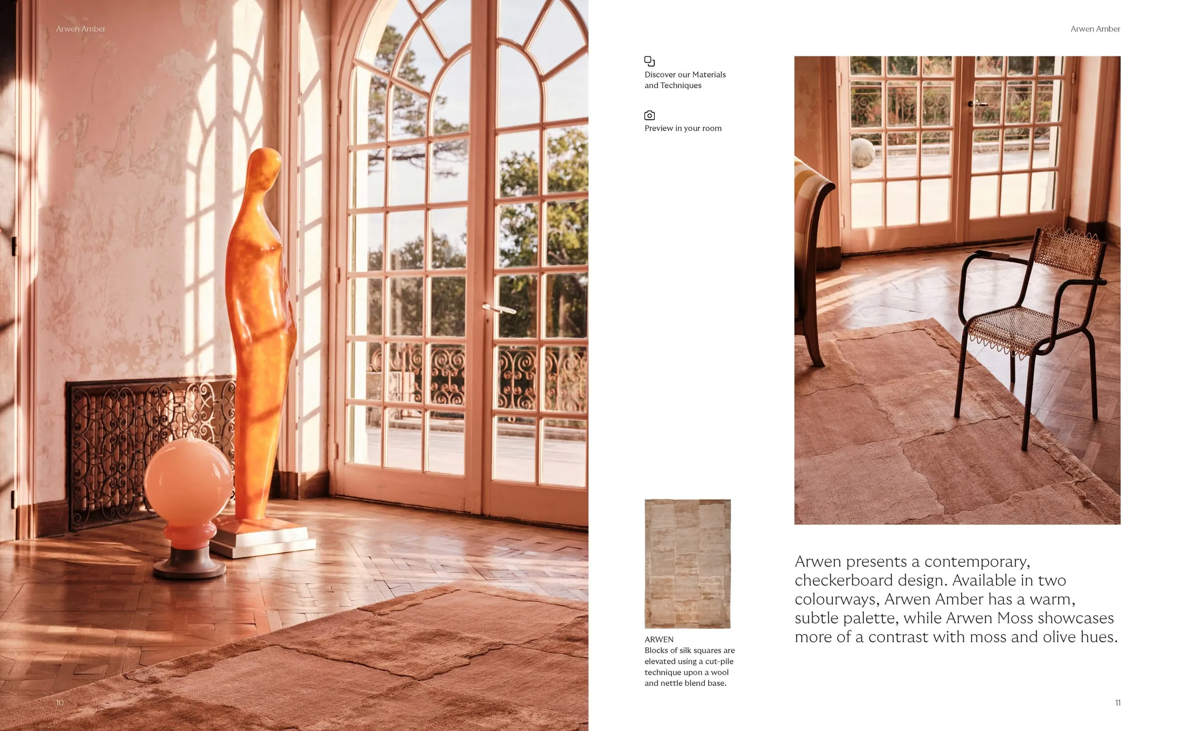 Lookbook spread showing a rug in a terracotta-toned room