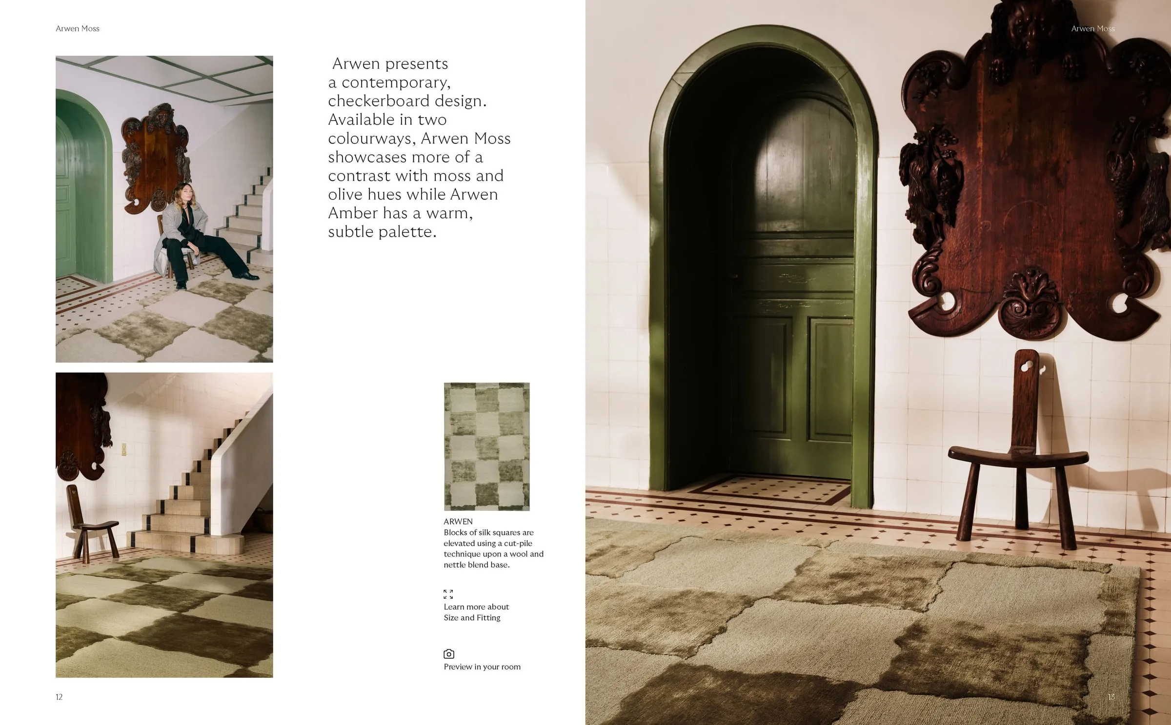 Lookbook spread with an arched green doorway and patterned rug
