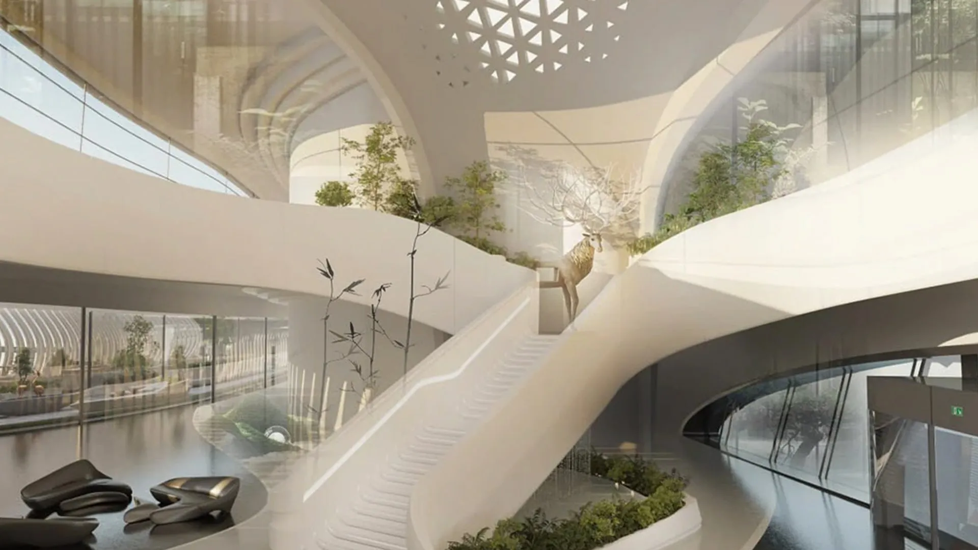 The bright, curving atrium of the headquarters