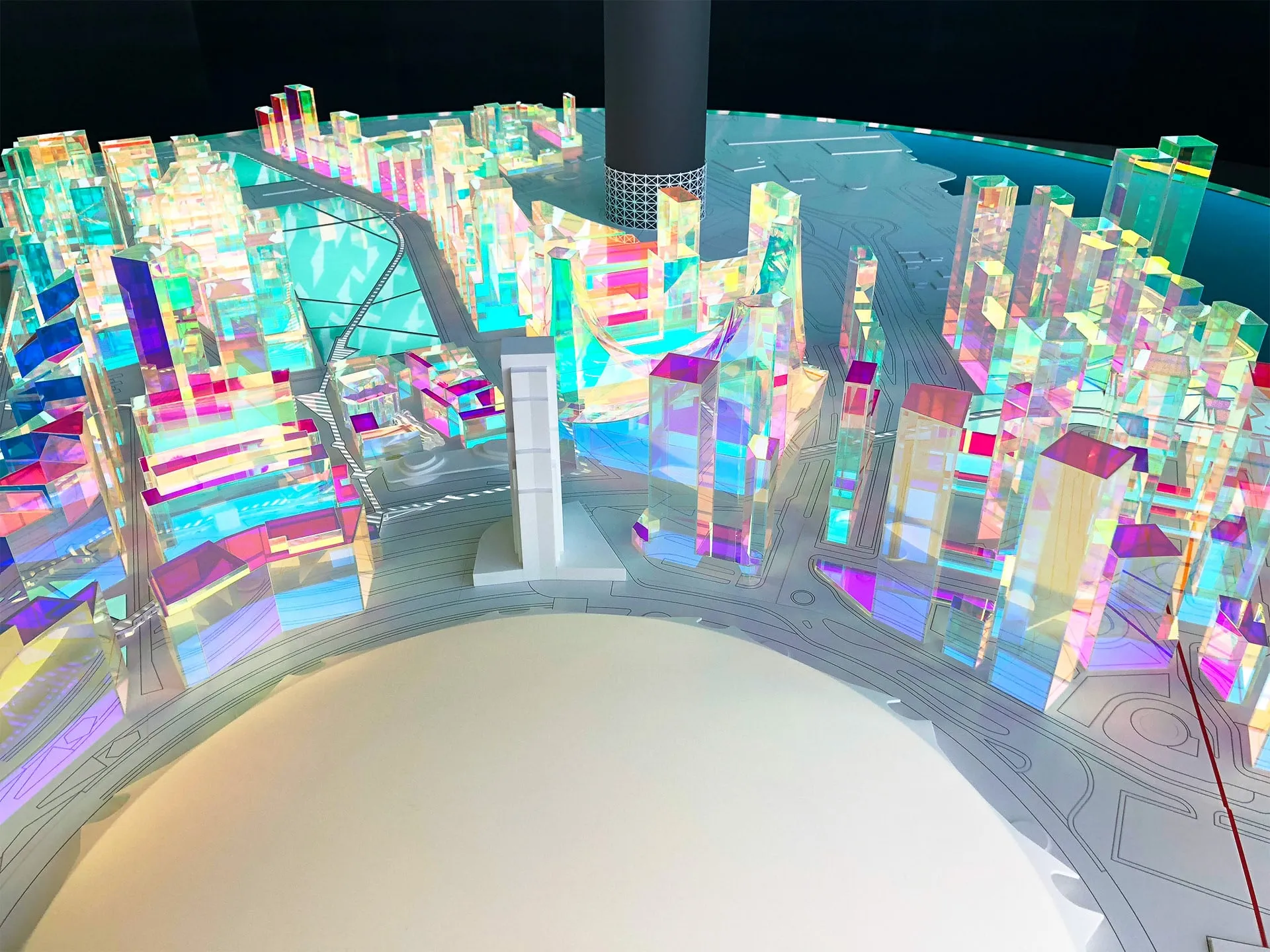 The model's iridescent buildings seen from above