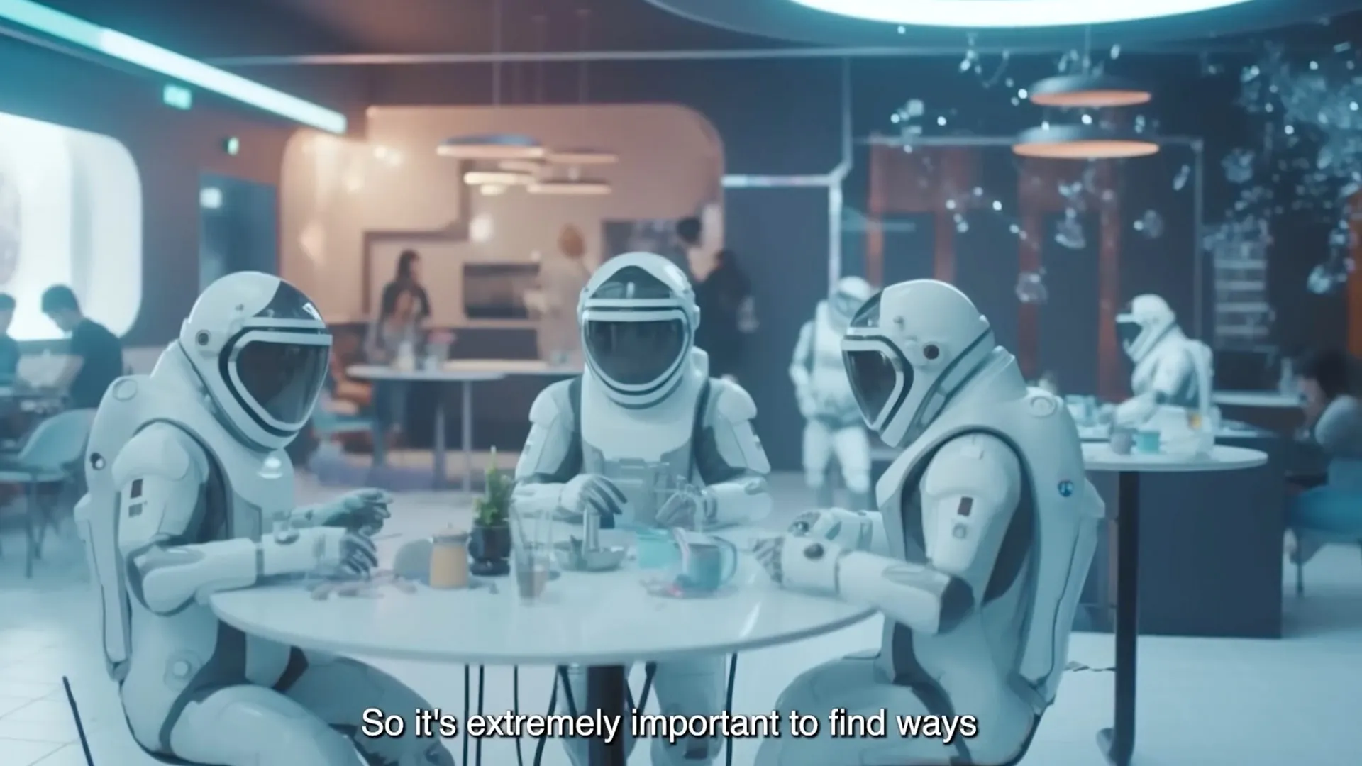 An AI-generated scene of astronauts in a futuristic café