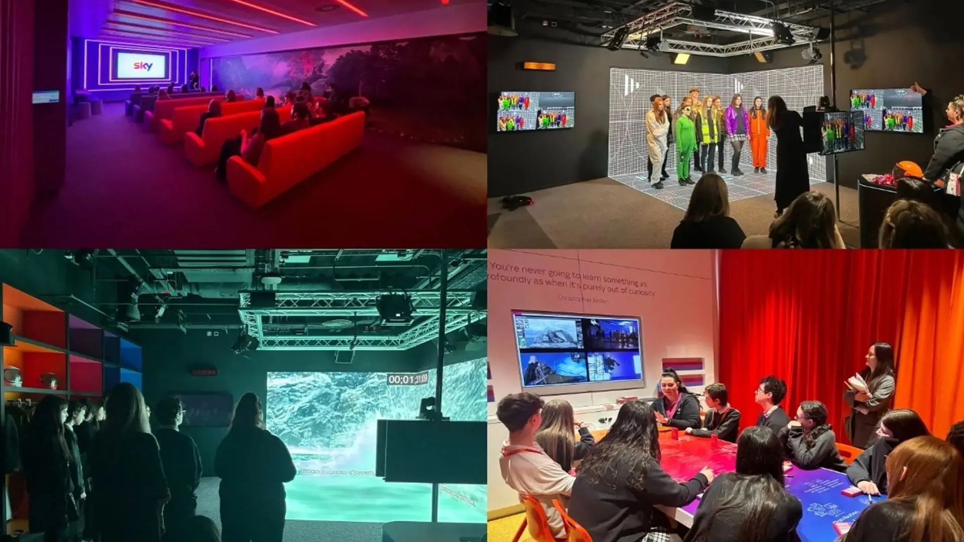 Four views of the studios: a screening room, green-screen set, immersive chamber and media wall