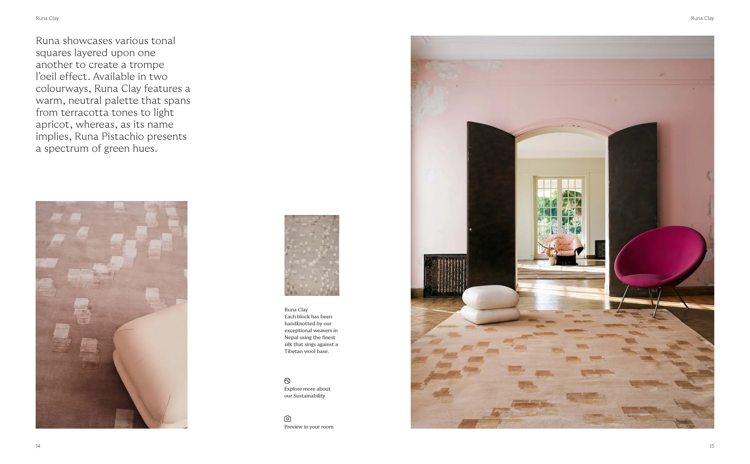 Lookbook spread with a pink chair and pale checked rug
