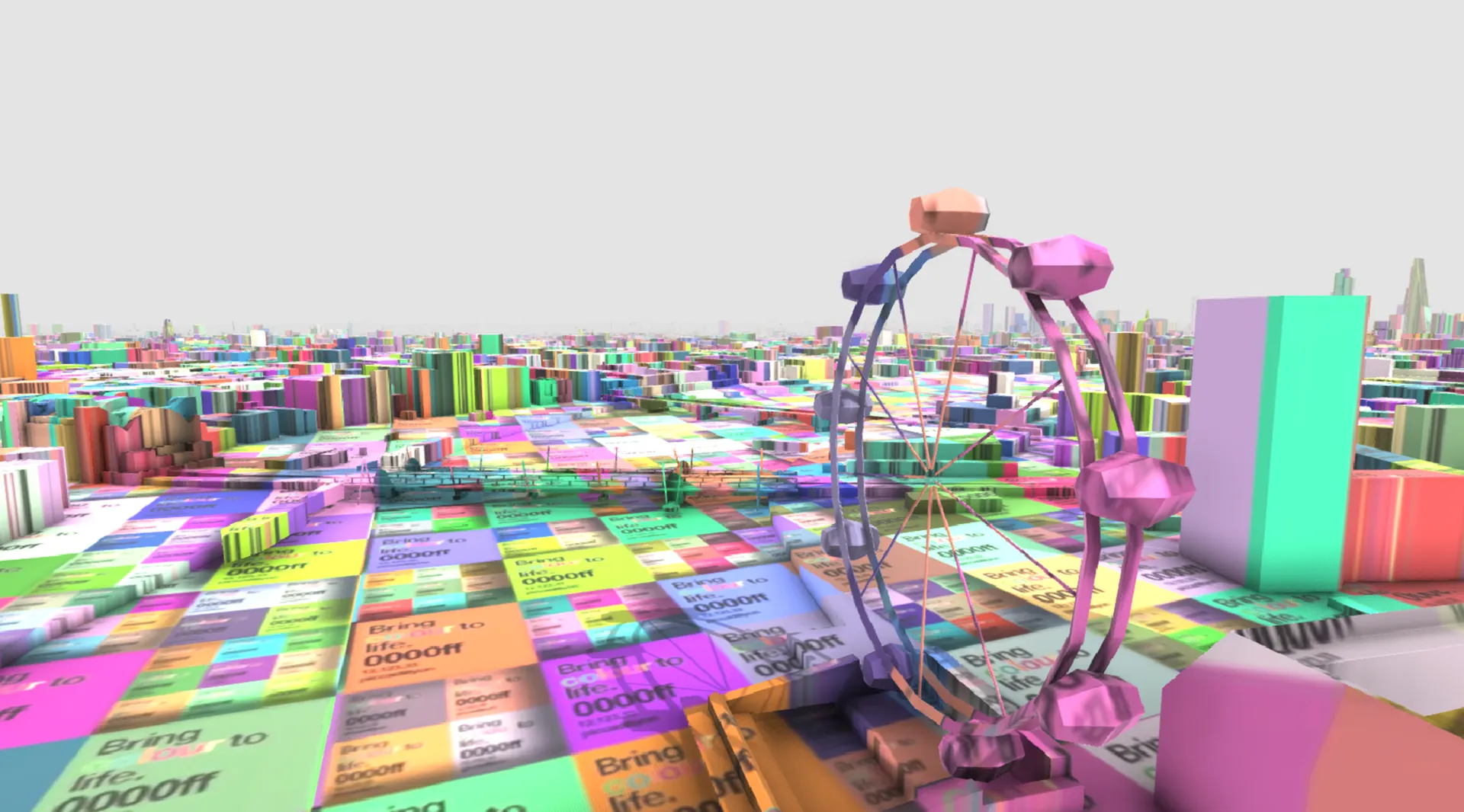 A 3D London skyline built from colour chips, with the London Eye
