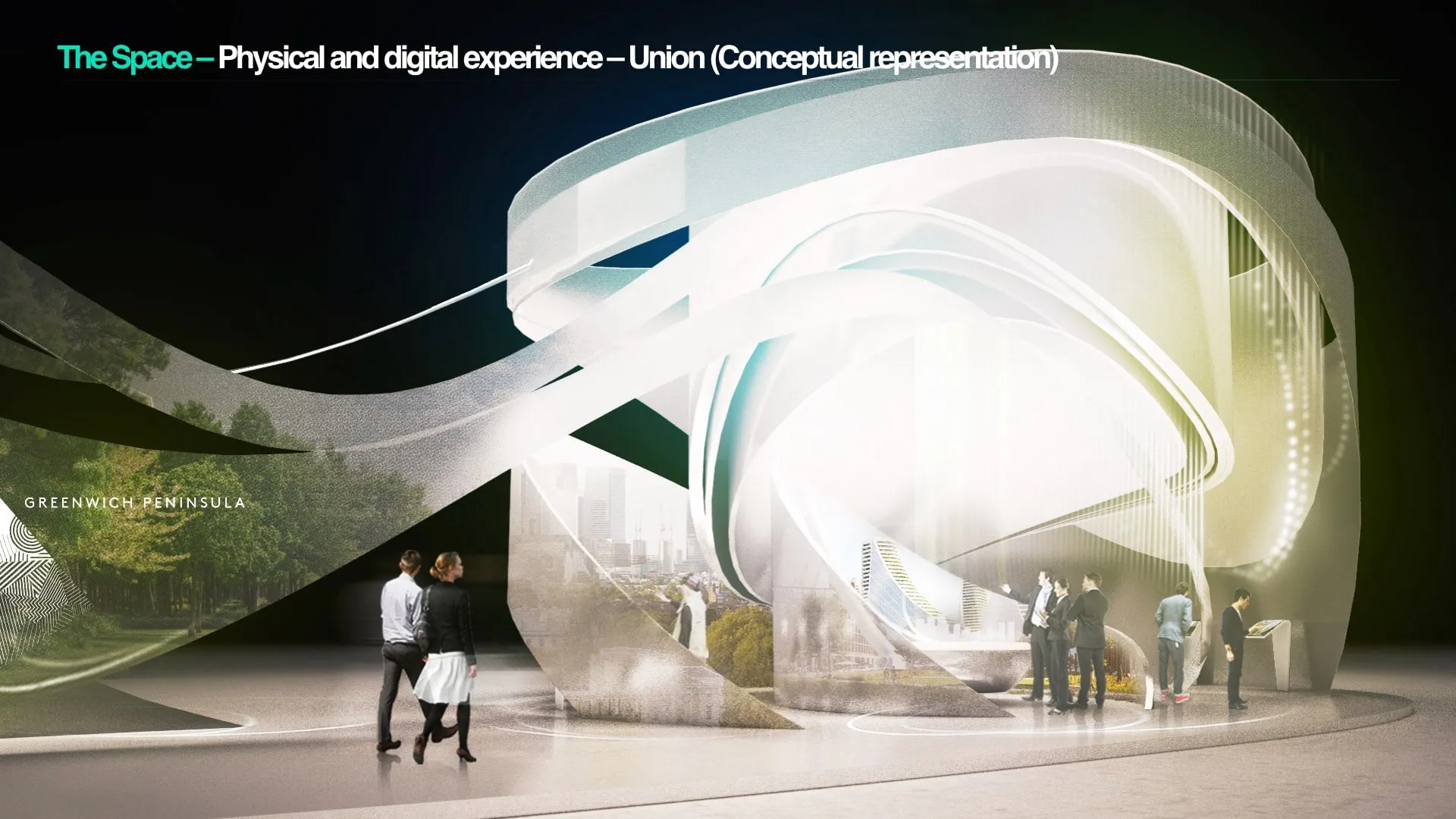 Concept render of the flowing, sculptural 'Union' space with visitors