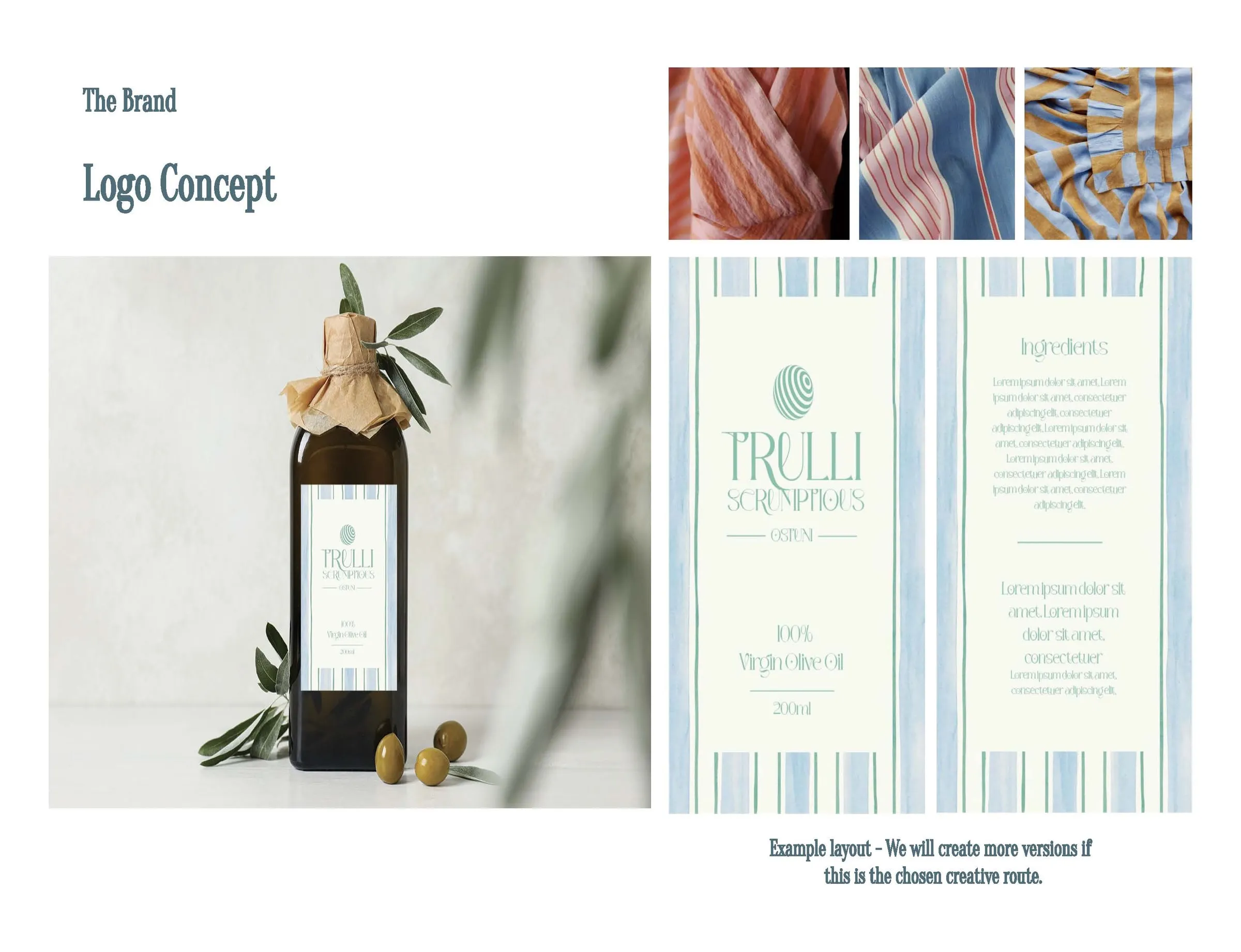 The logo concept applied to a bottle and labels
