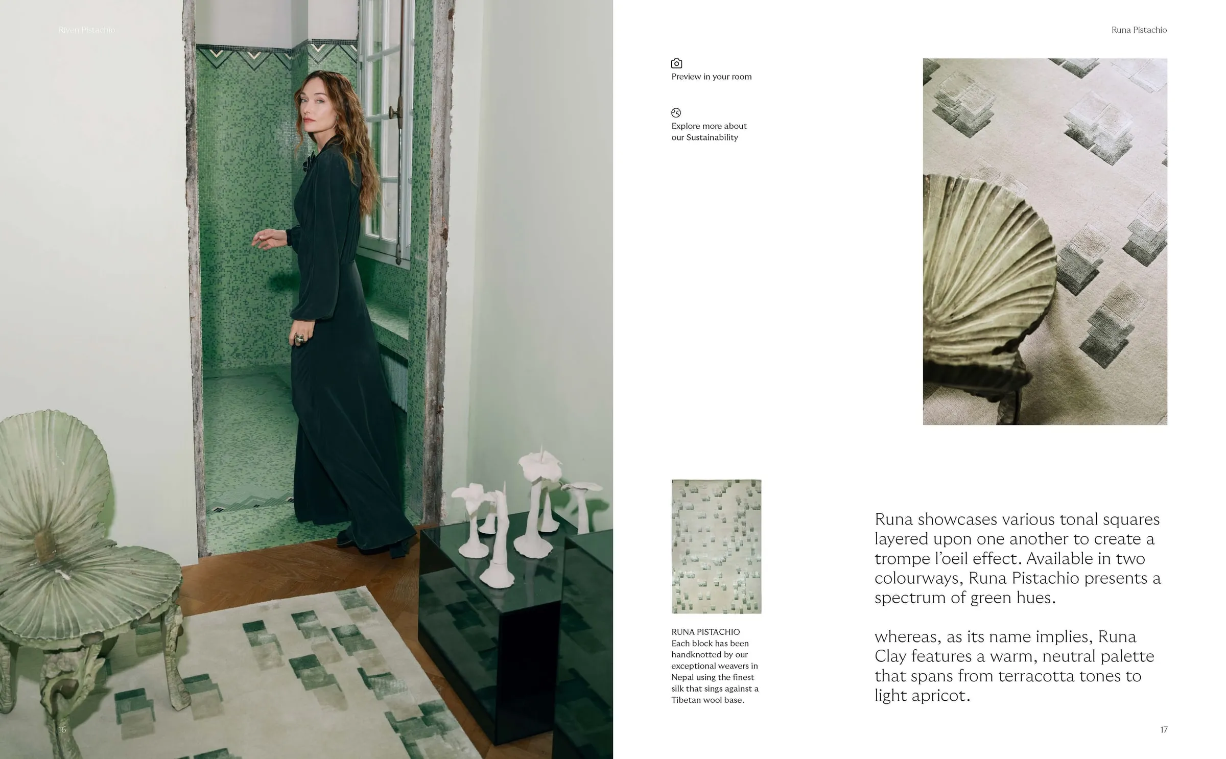 Lookbook spread with a model in a green interior and rug swatches