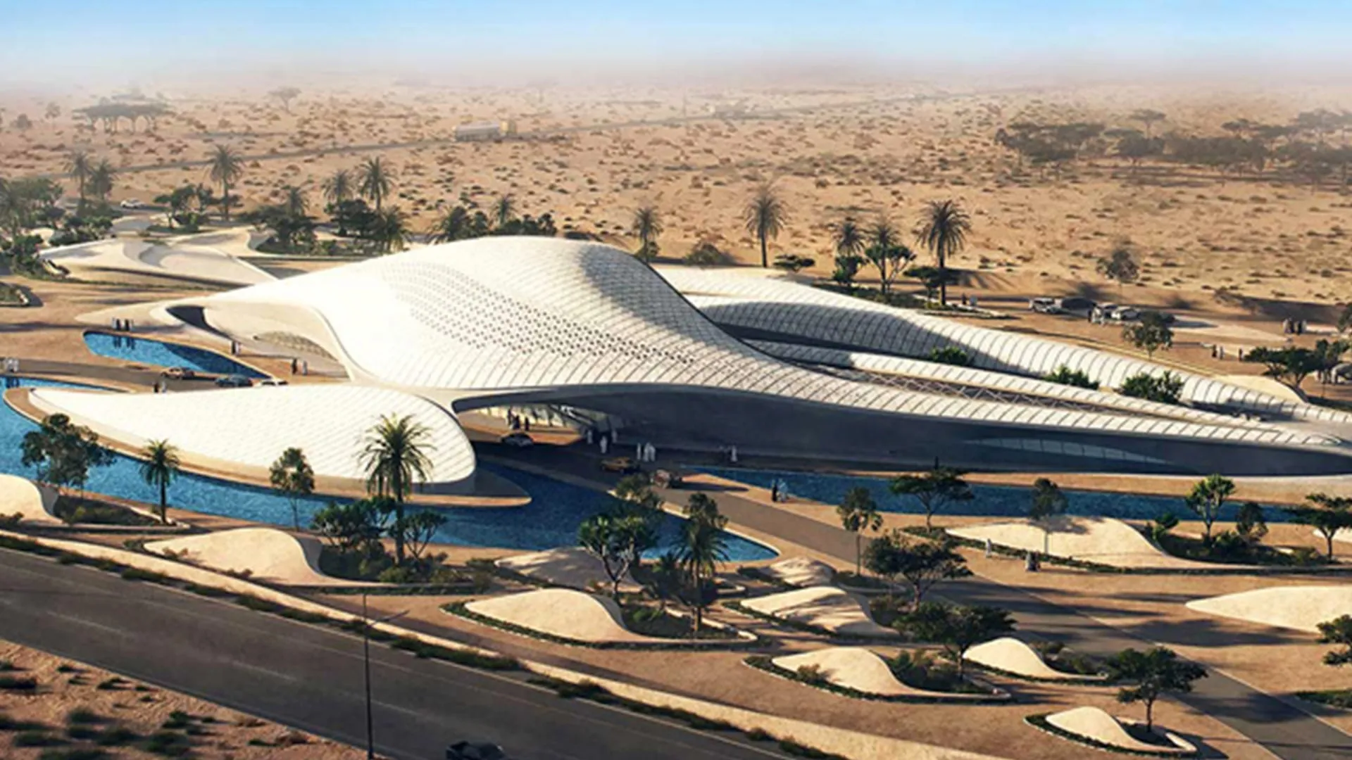 Aerial view of the Zaha Hadid-designed Bee'ah headquarters in the desert