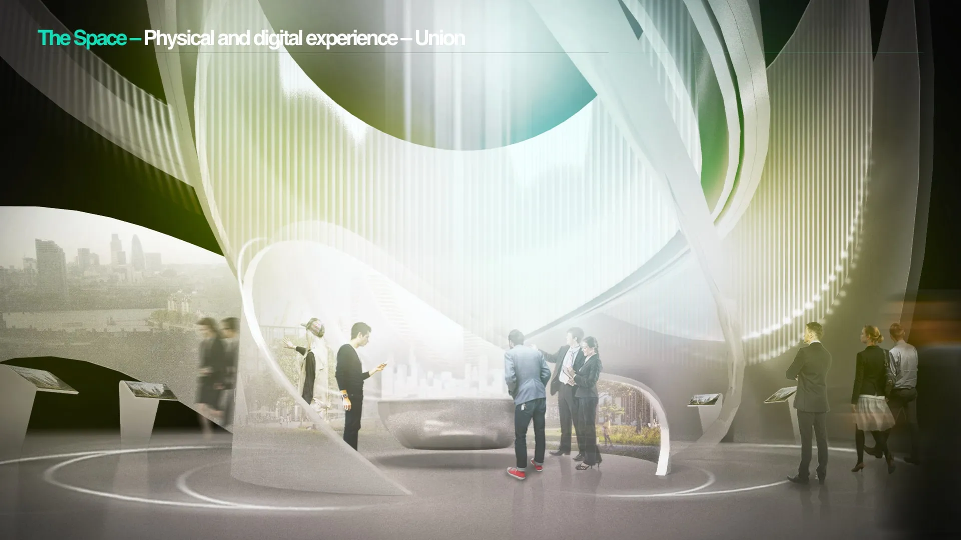Concept render of the 'Union' space, with layered white ribbons and soft light