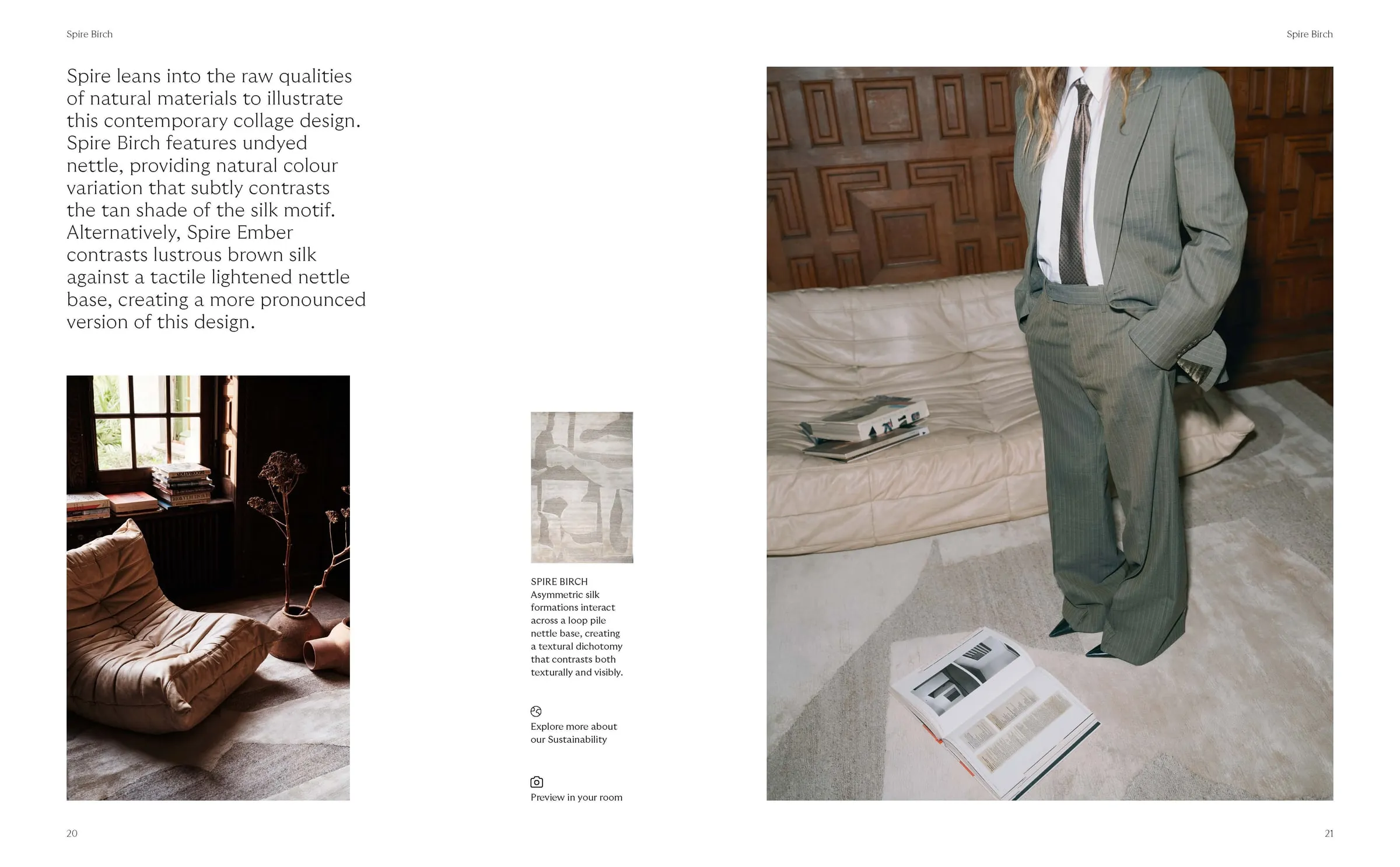 Lookbook spread pairing a figure standing on a rug with product details