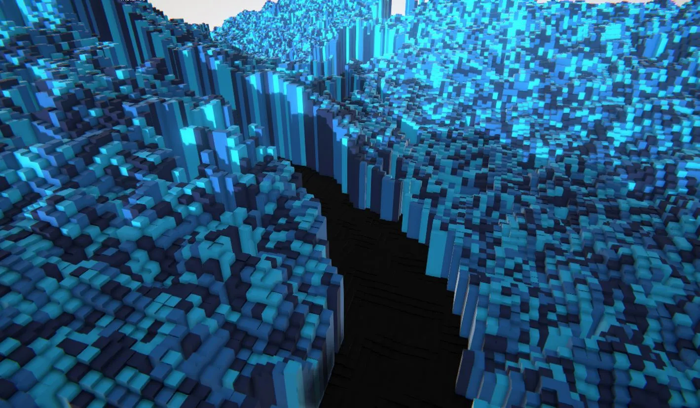 A sea of blue 3D blocks forming a valley
