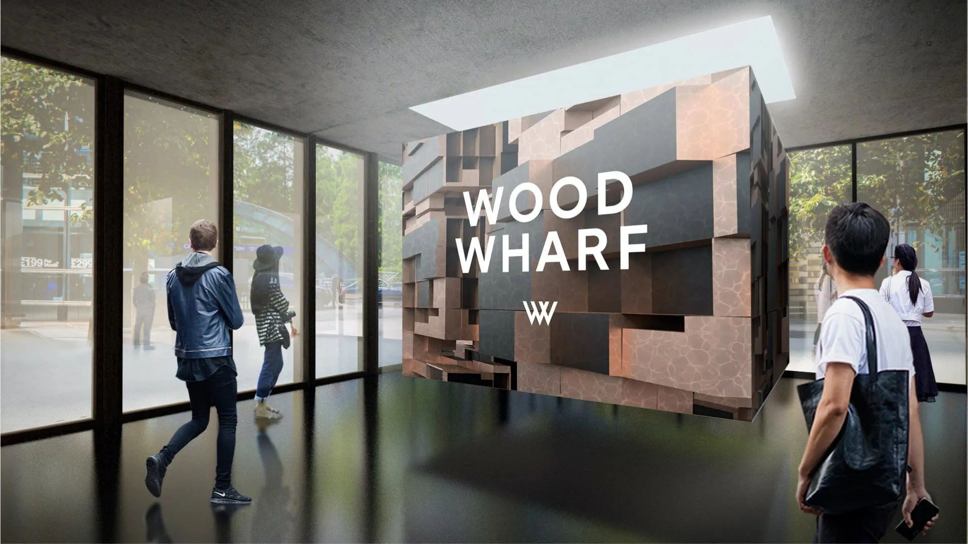 Visitors walking past the Wood Wharf pavilion