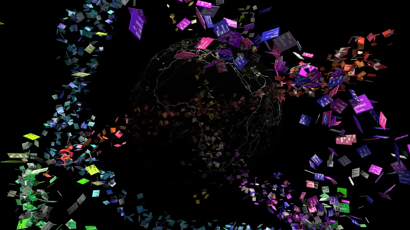 Colour chips swirling in a dark space