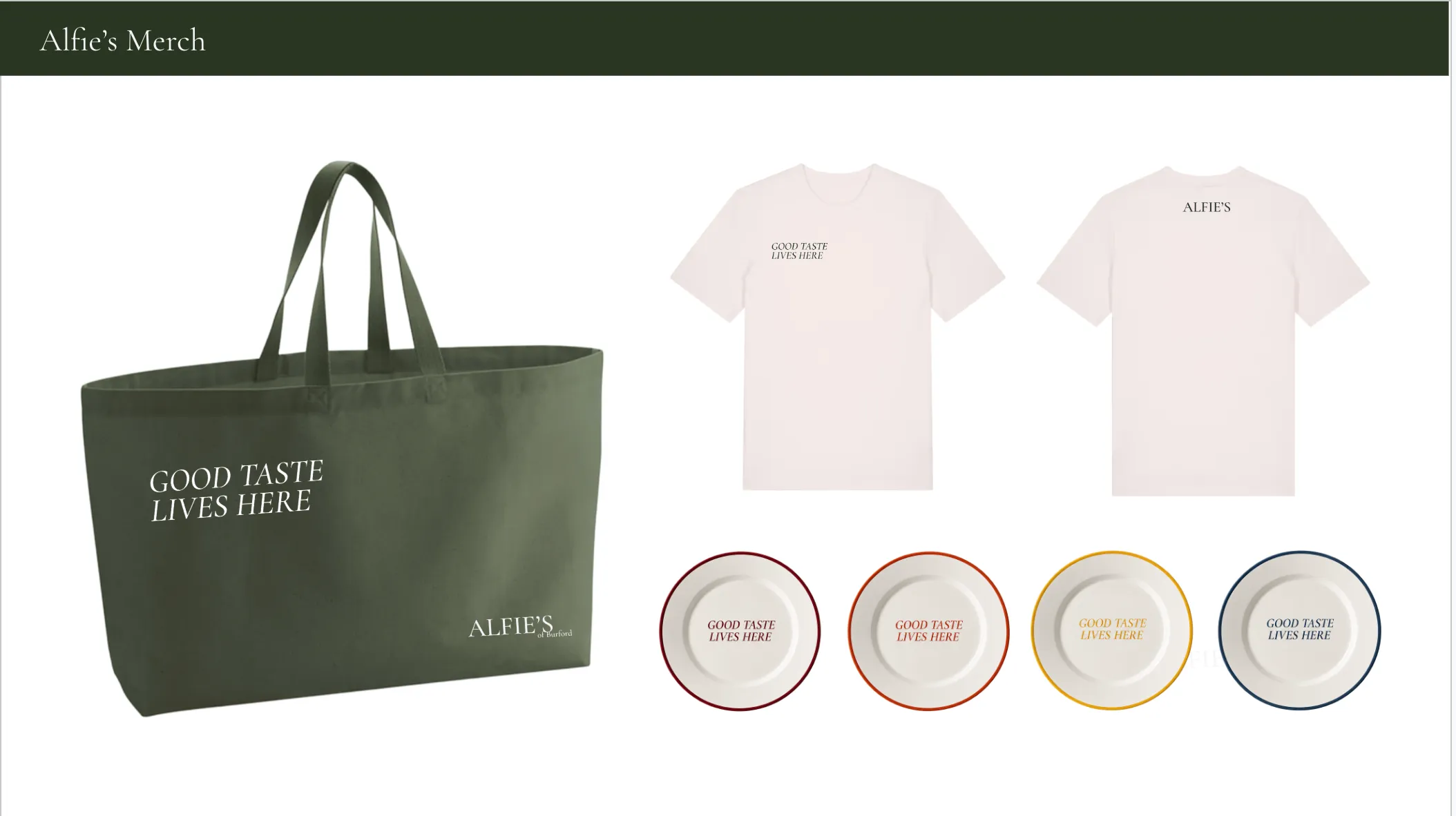 Alfie's tote bag, T-shirts and plates