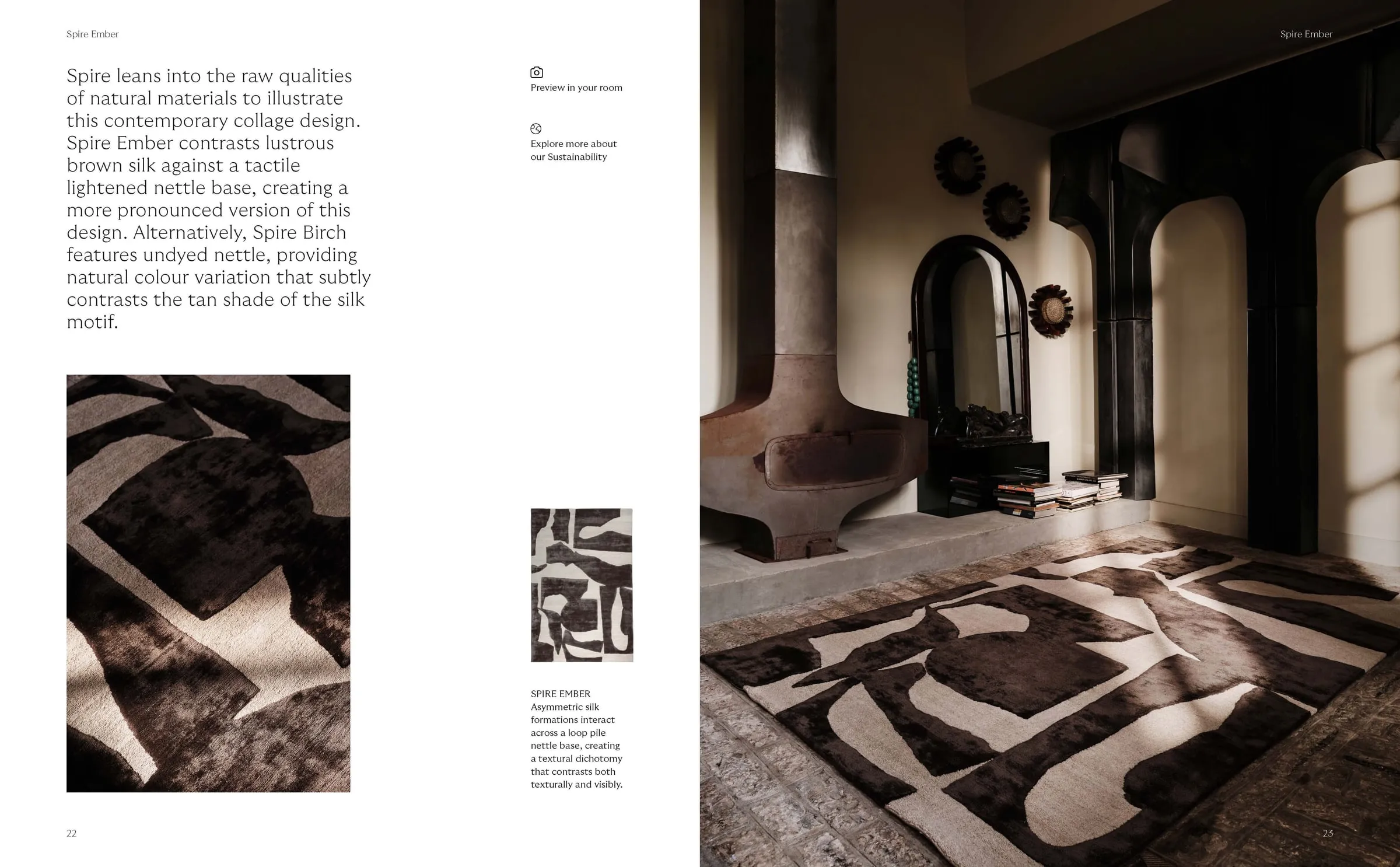 Lookbook spread showing a dark sculptural rug by a fireplace
