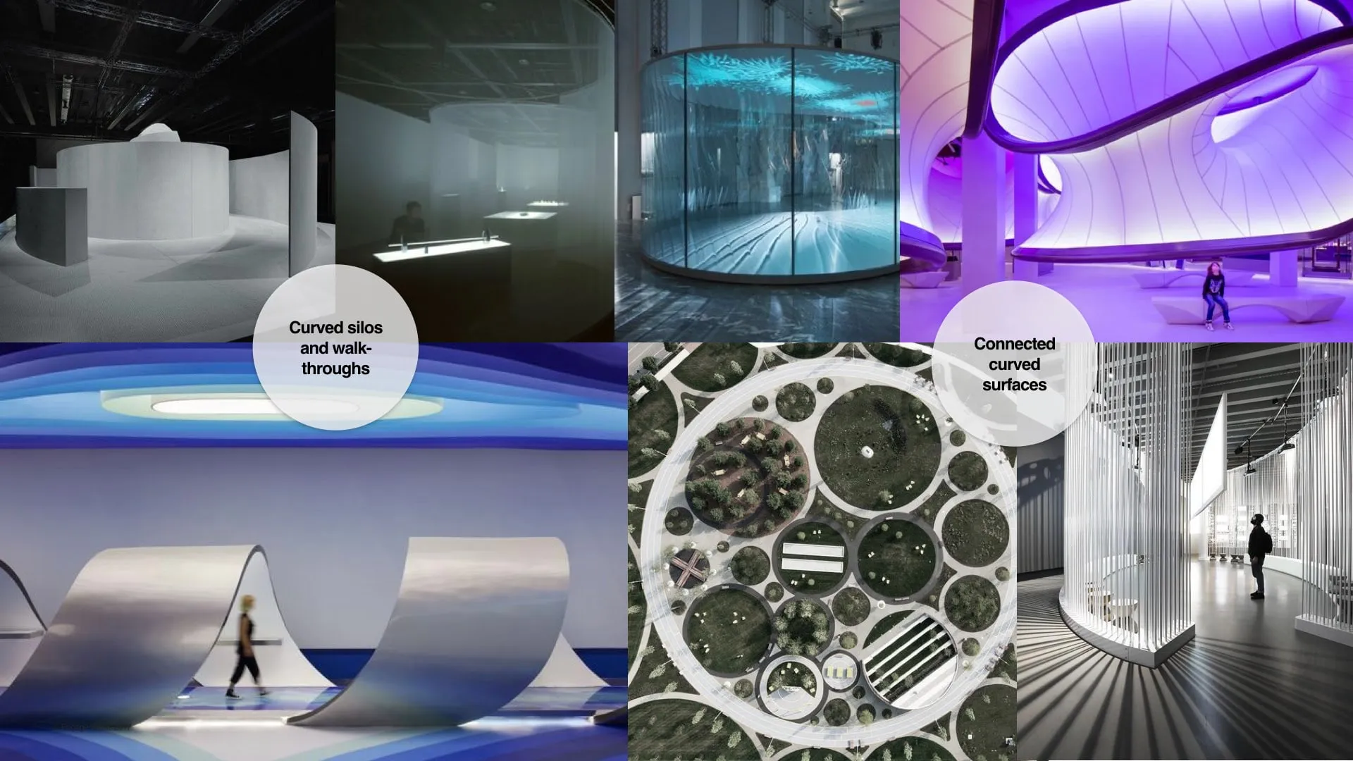 Mood board of immersive, light-filled spaces and organic forms