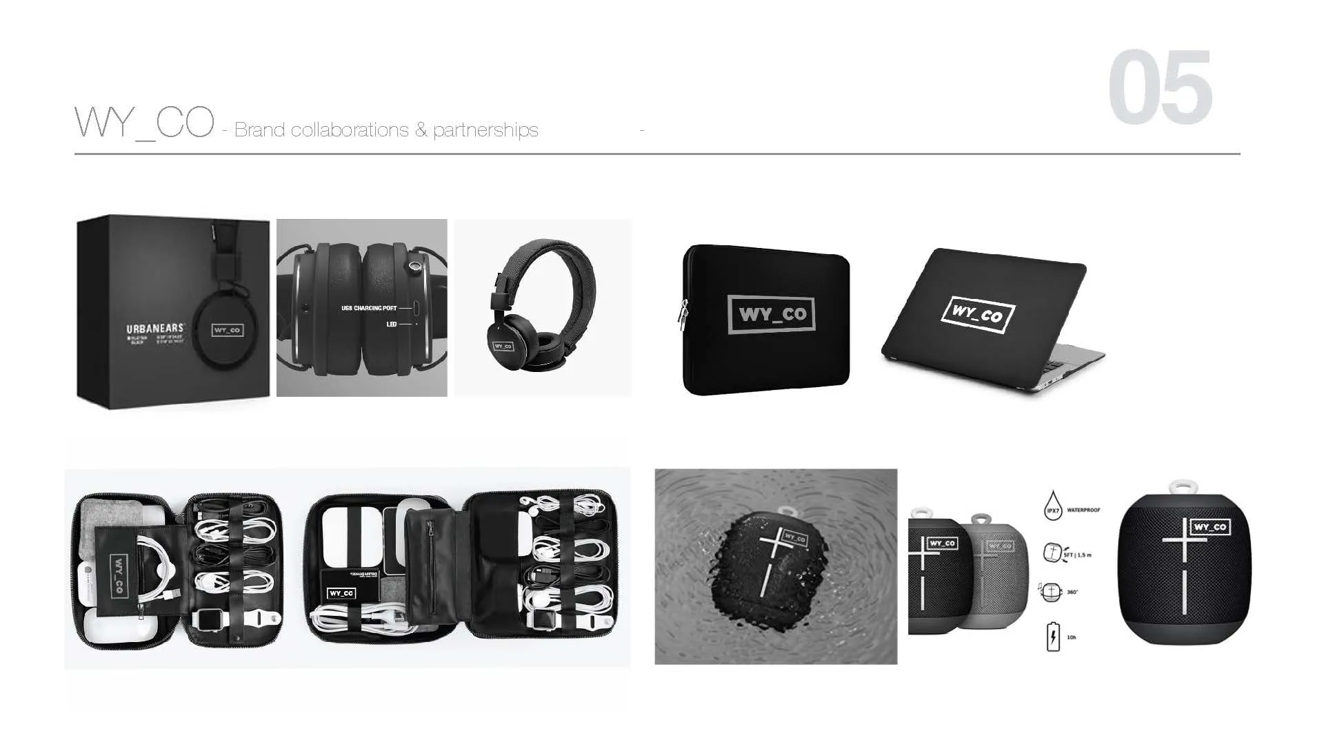 Branded merchandise: tech accessories, headphones and travel kits