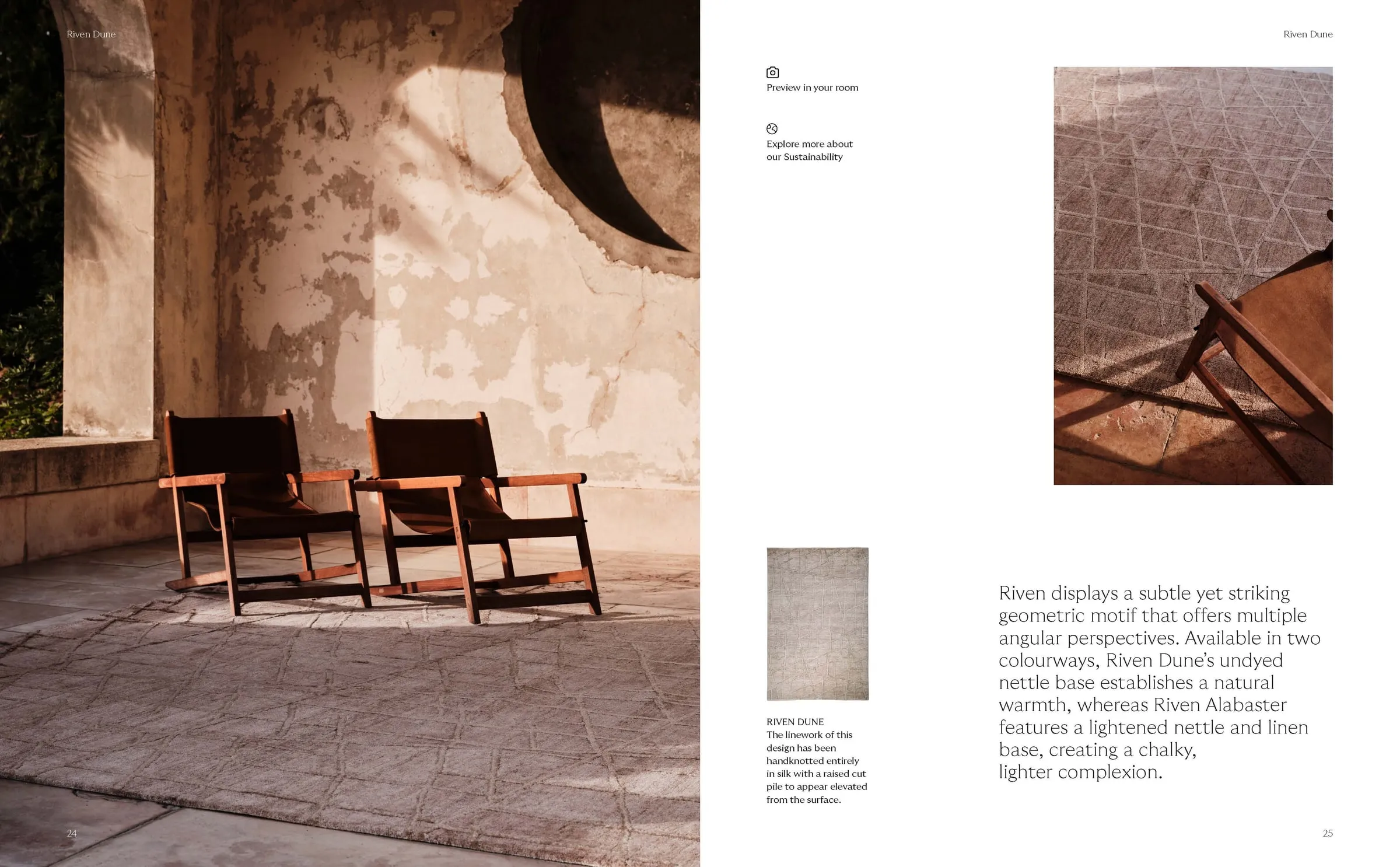 Lookbook spread with leather chairs on a geometric rug