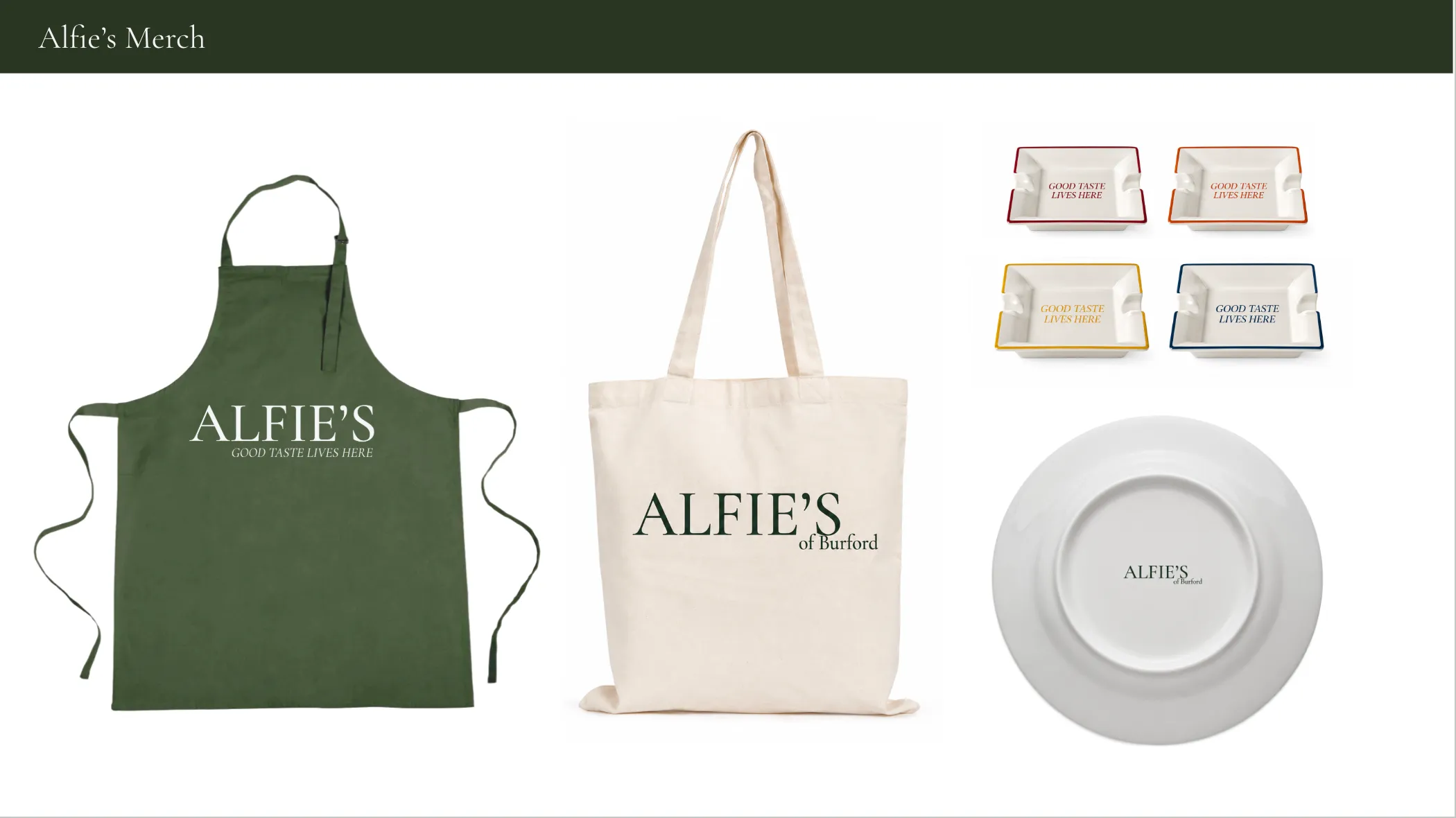 Alfie's apron, tote bag and ceramic trays