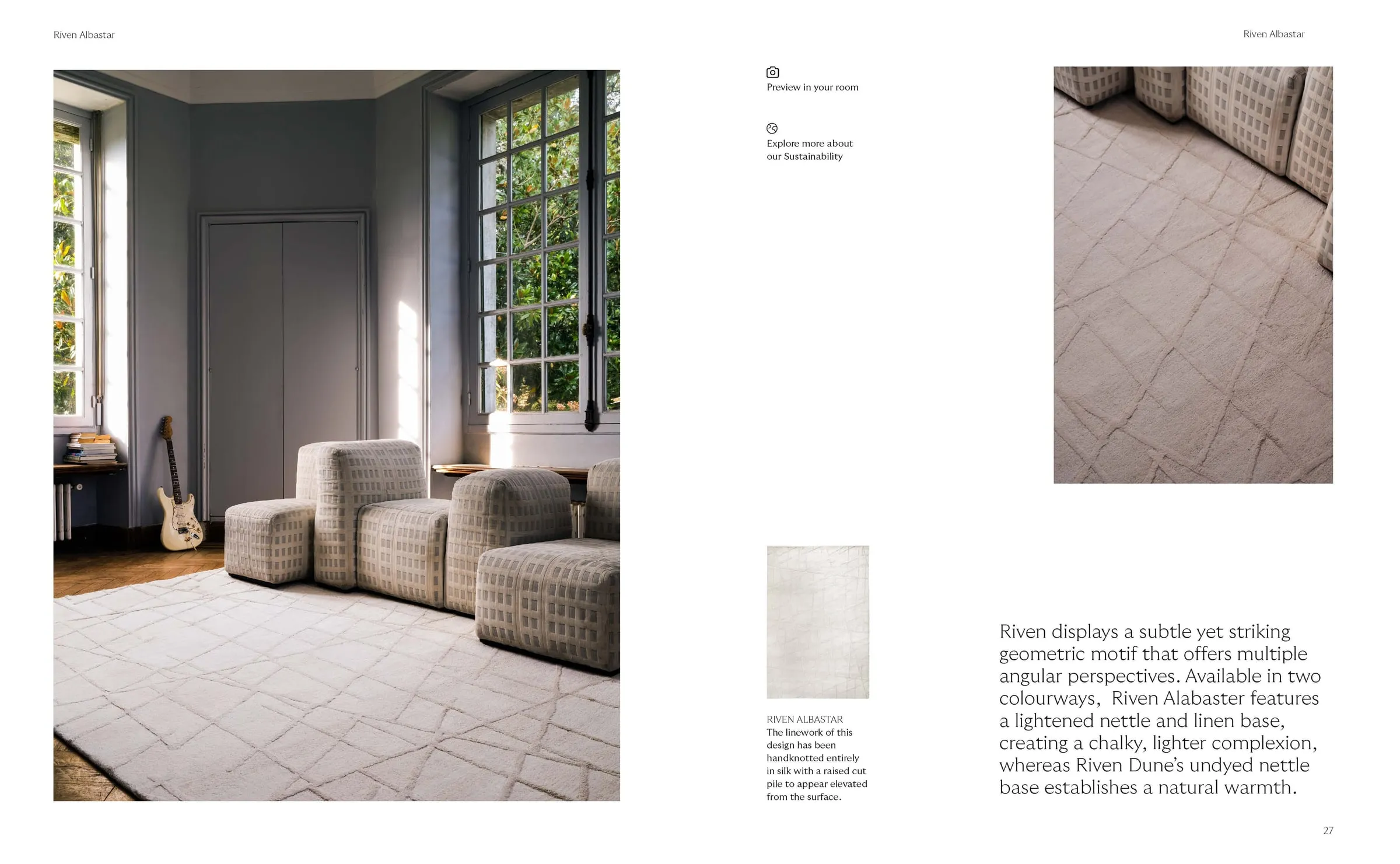 Lookbook spread with a cream rug in a sunlit room