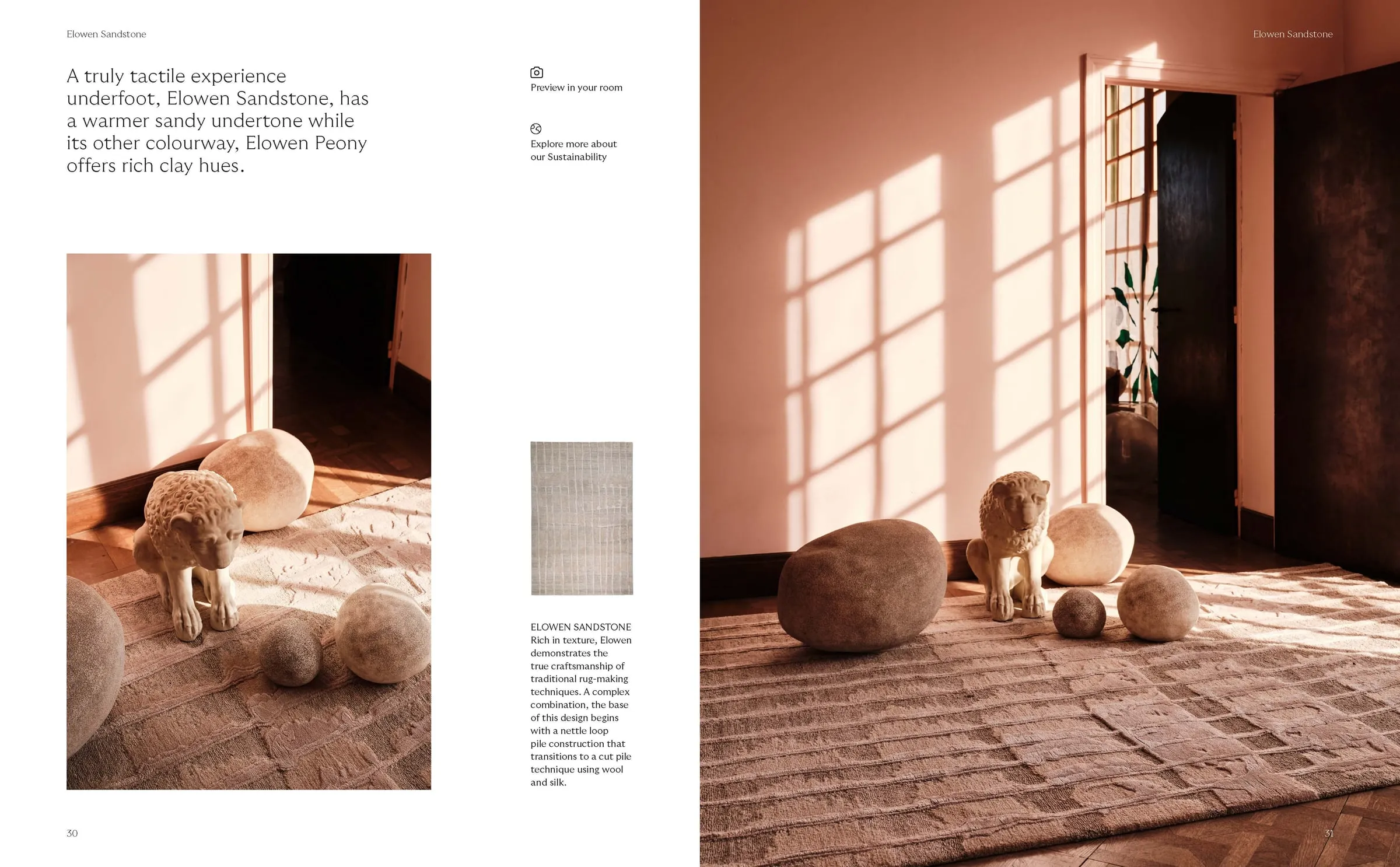 Lookbook spread with a blush rug and sculptural stools