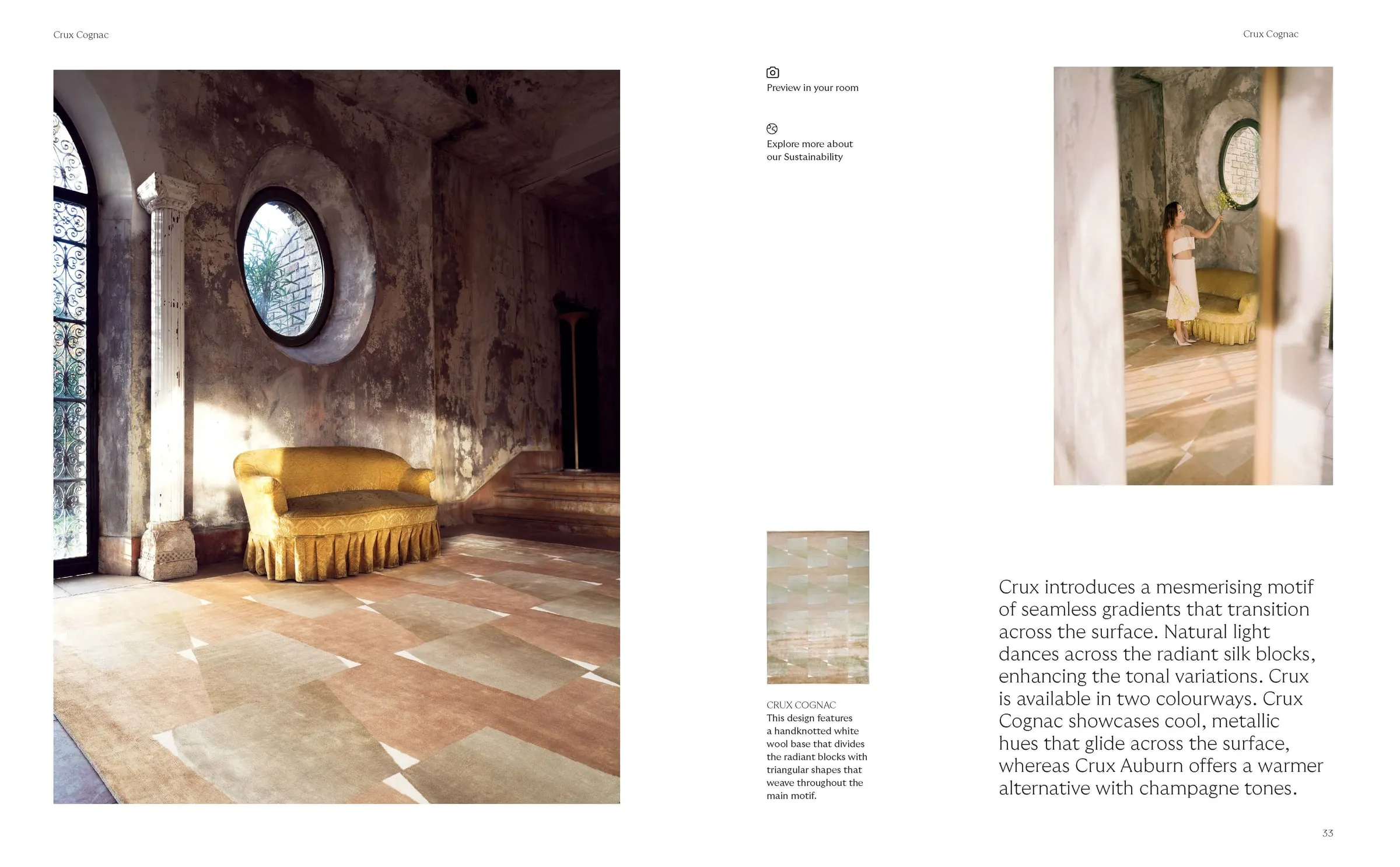 Lookbook spread with a golden sofa beneath a round window