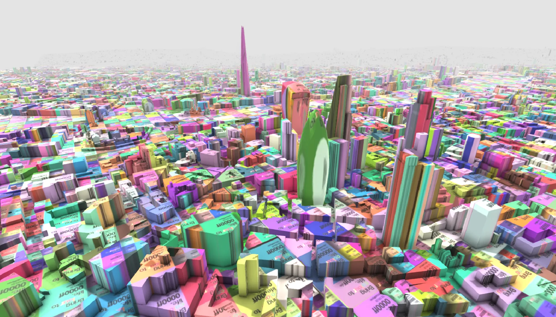A 3D London skyline in pastel colour blocks